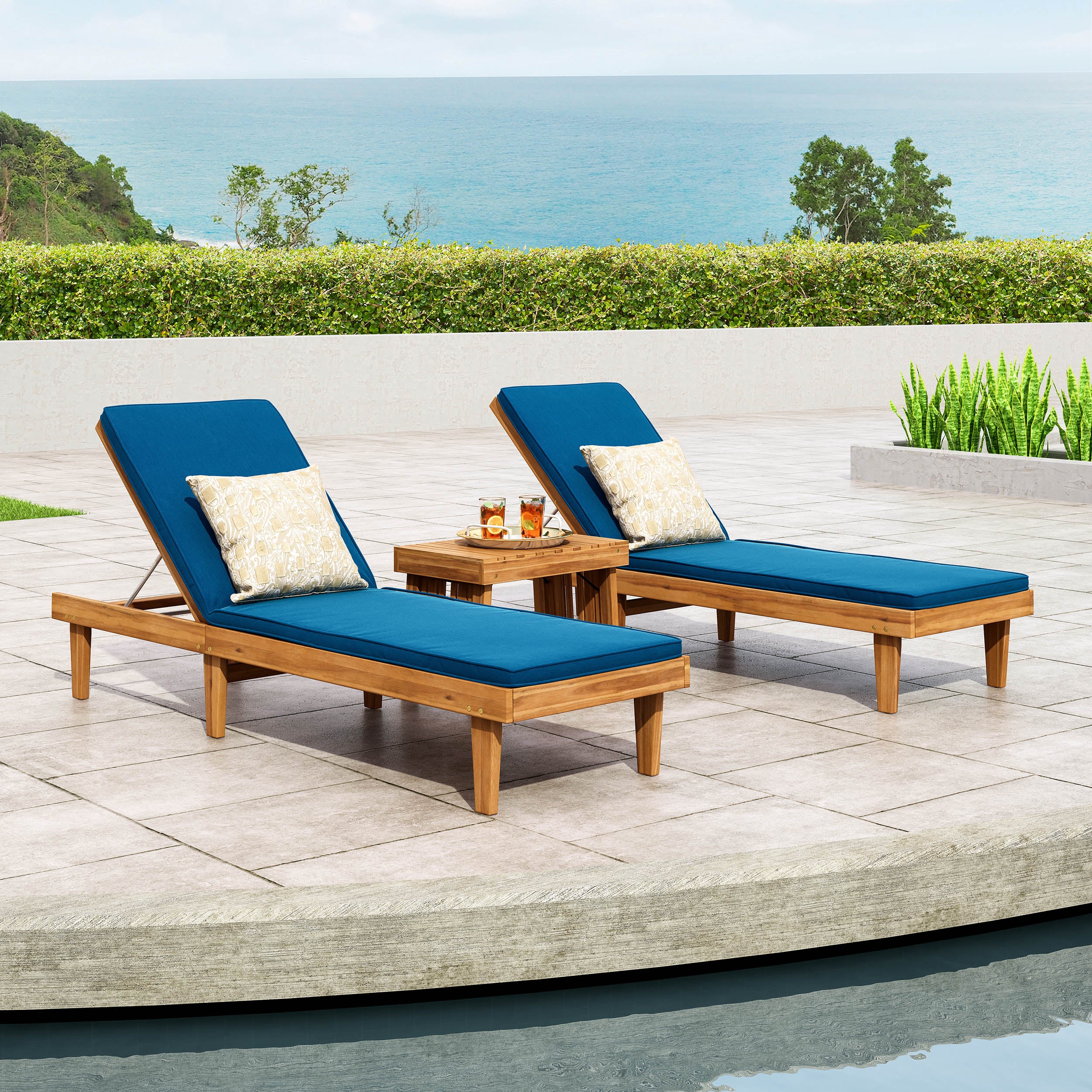 Addisyn Outdoor Acacia Wood 3 Piece Chaise Lounge Set with Water-Resistant Cushions - furnishings