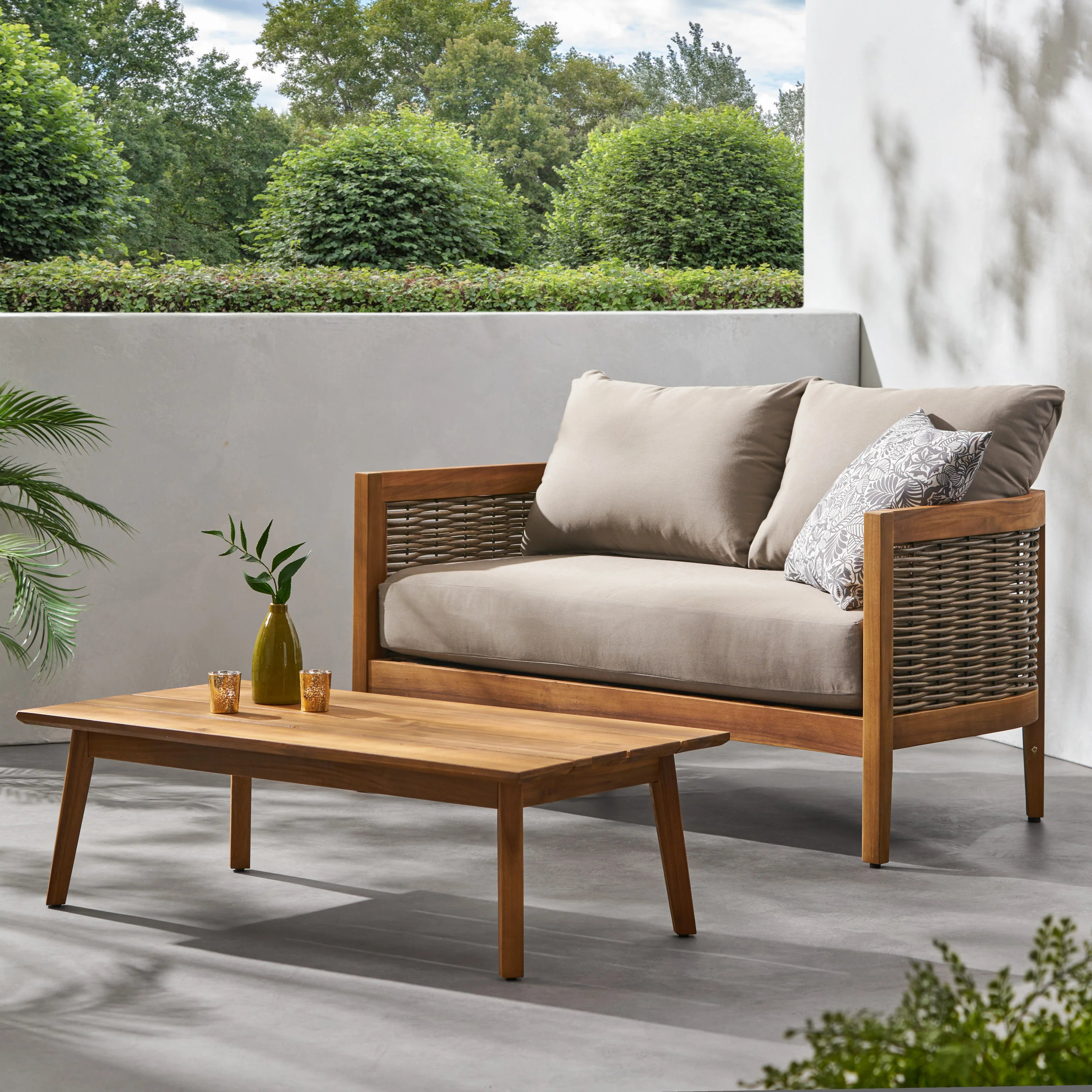 The Crowne Collection Outdoor Acacia Wood and Wicker Loveseat and Coffee Table Set with Sunbrella Cushions - furnishings