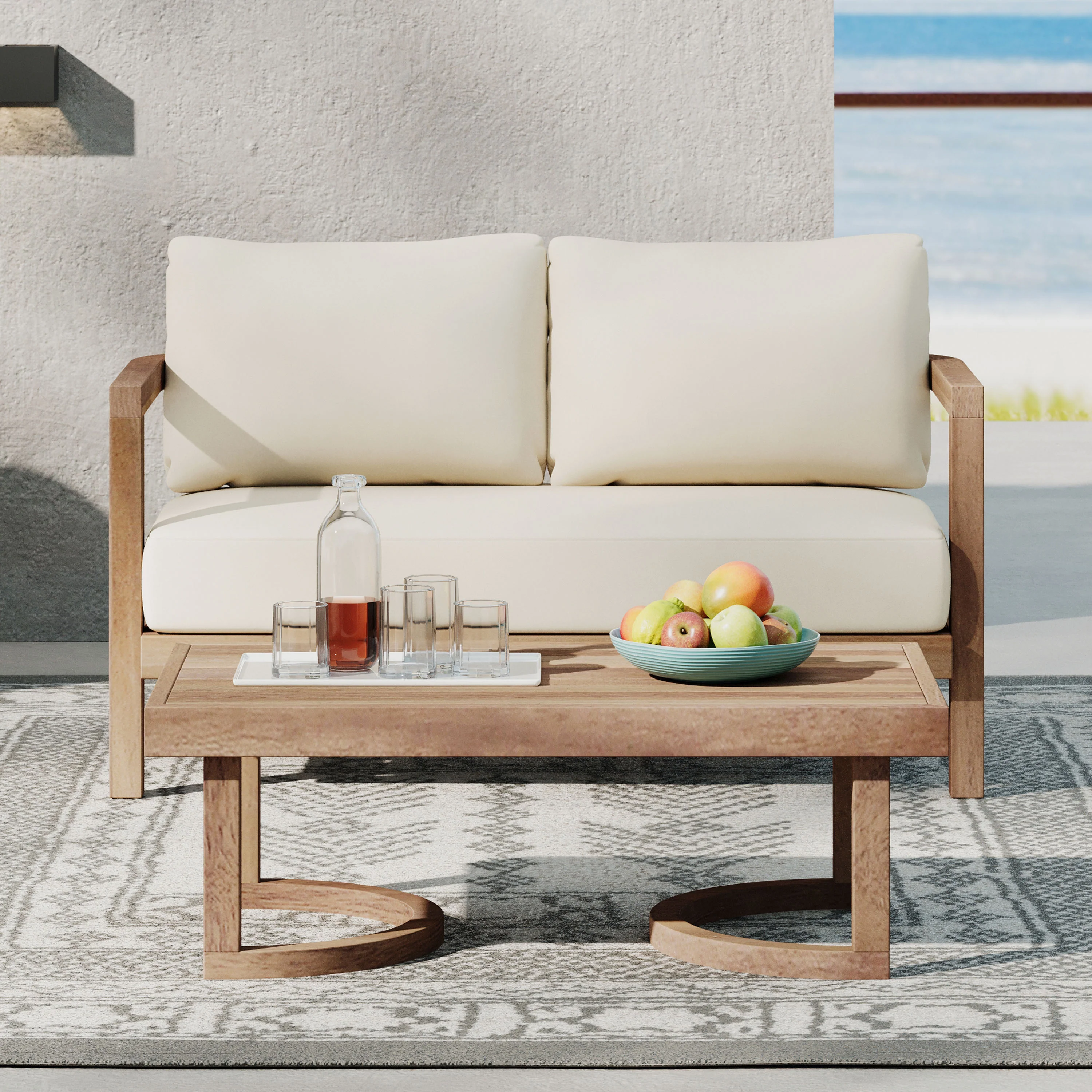 Aston Outdoor Acacia Wood Loveseat and Coffee Table with Cushions, Brown Wash, Beige - furnishings