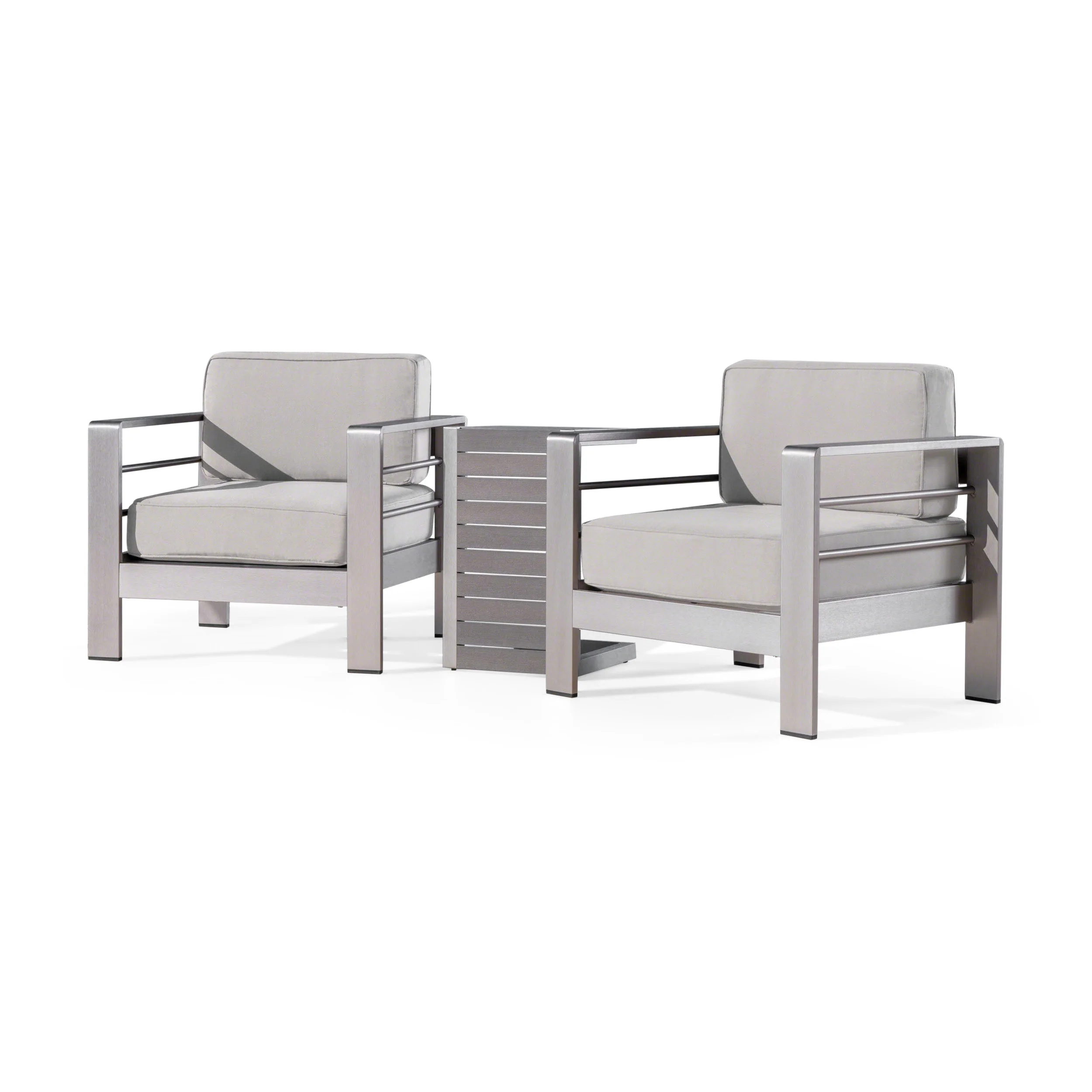 Zona Outdoor Aluminum Club Chairs and Faux Wood Side Table Set with Cushions - furnishings
