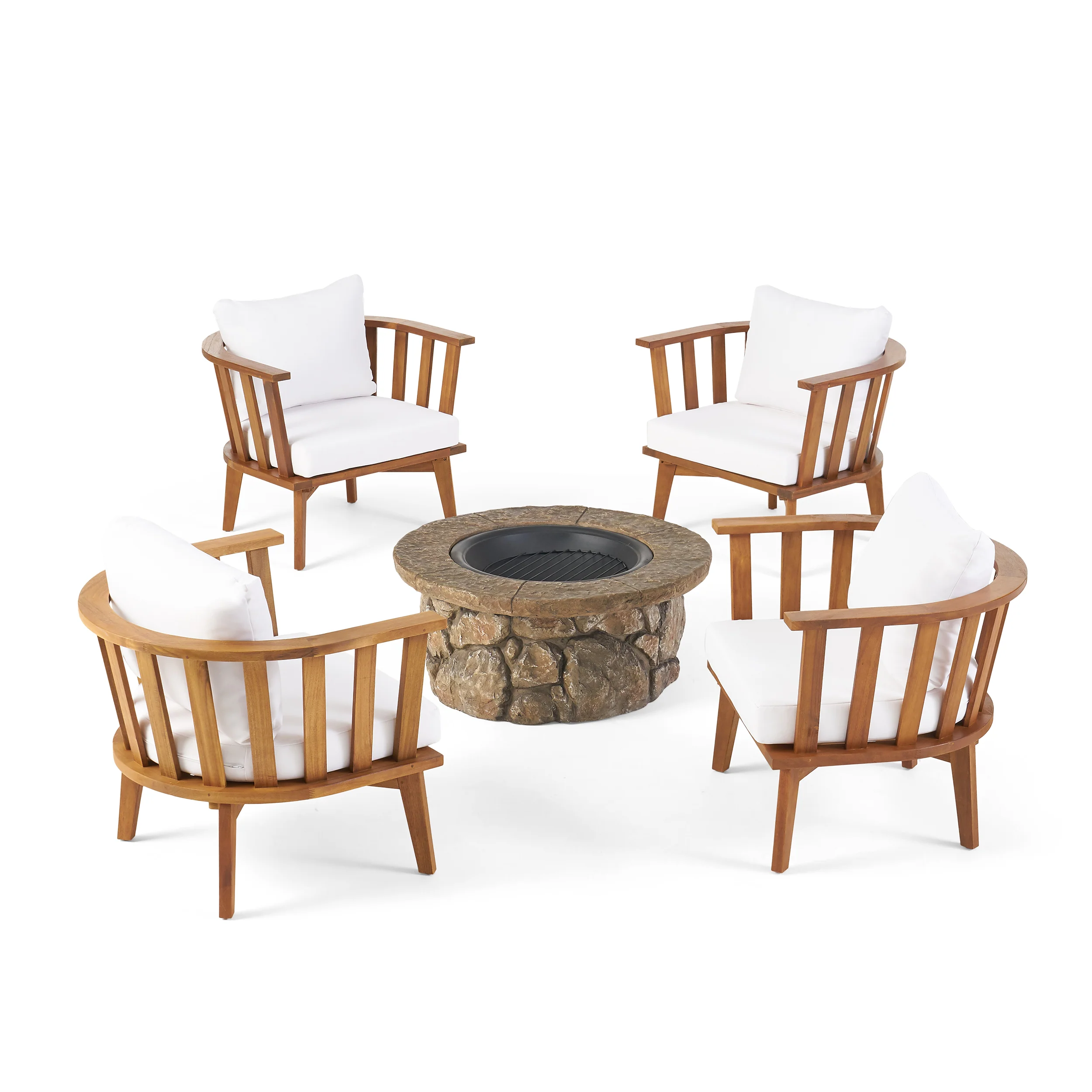 Khalel Outdoor Acacia Wood 4 Seater Club Chairs and Fire Pit Set - furnishings
