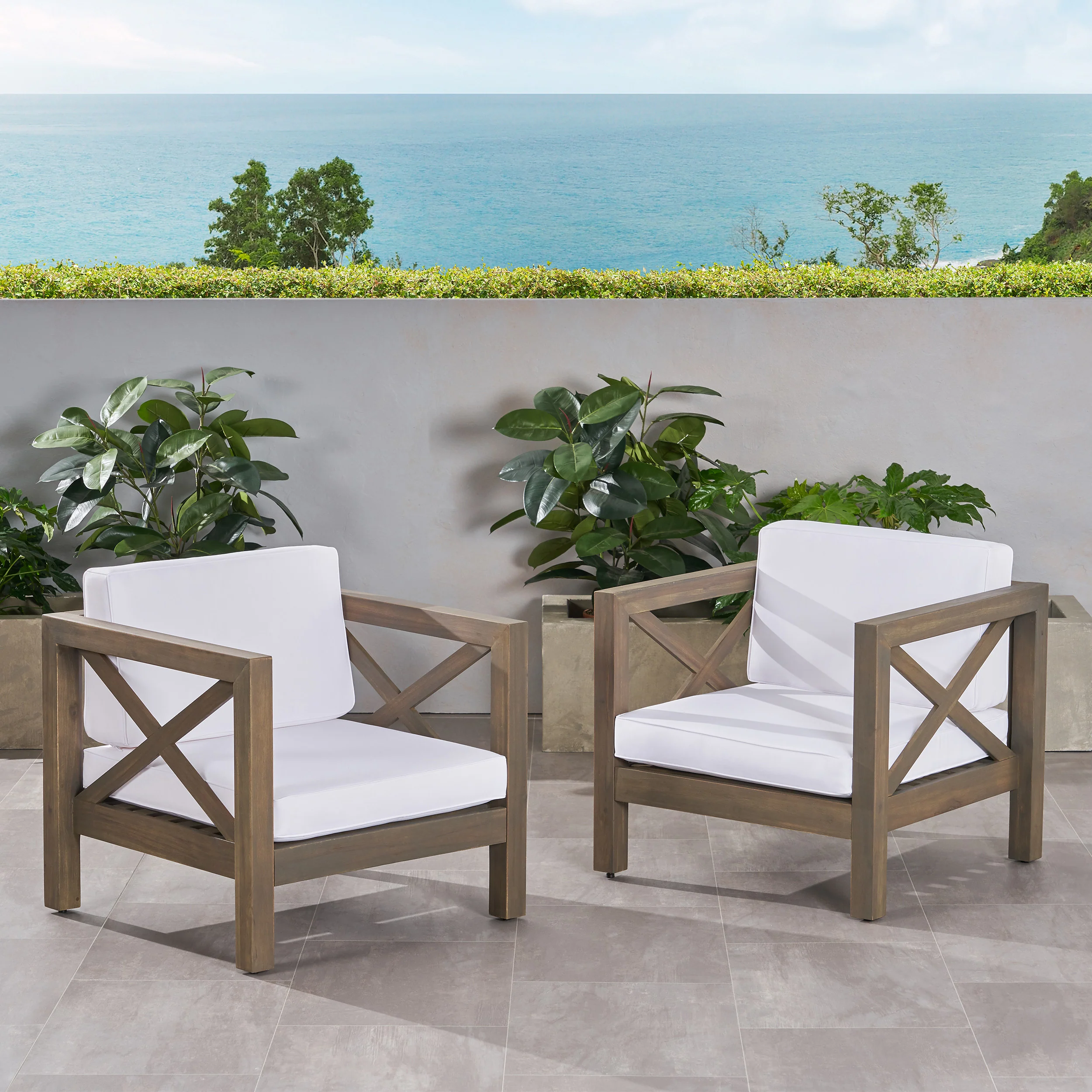 Indira Outdoor Acacia Wood Club Chairs with Cushions (Set of 2) - furnishings