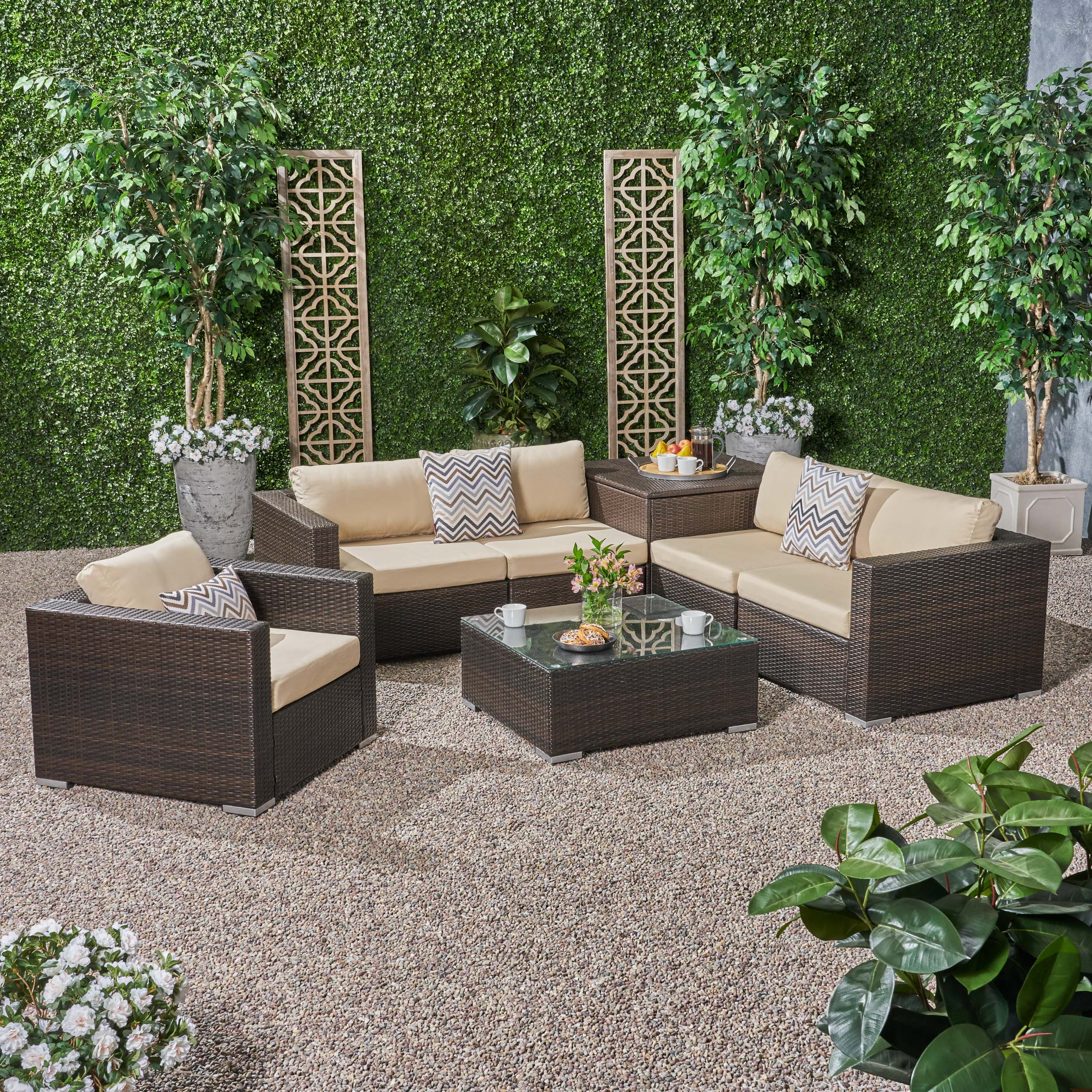 Kyra Outdoor 5 Seater Wicker Sectional Sofa Set with Storage Ottoman and Sunbrella Cushions - furnishings