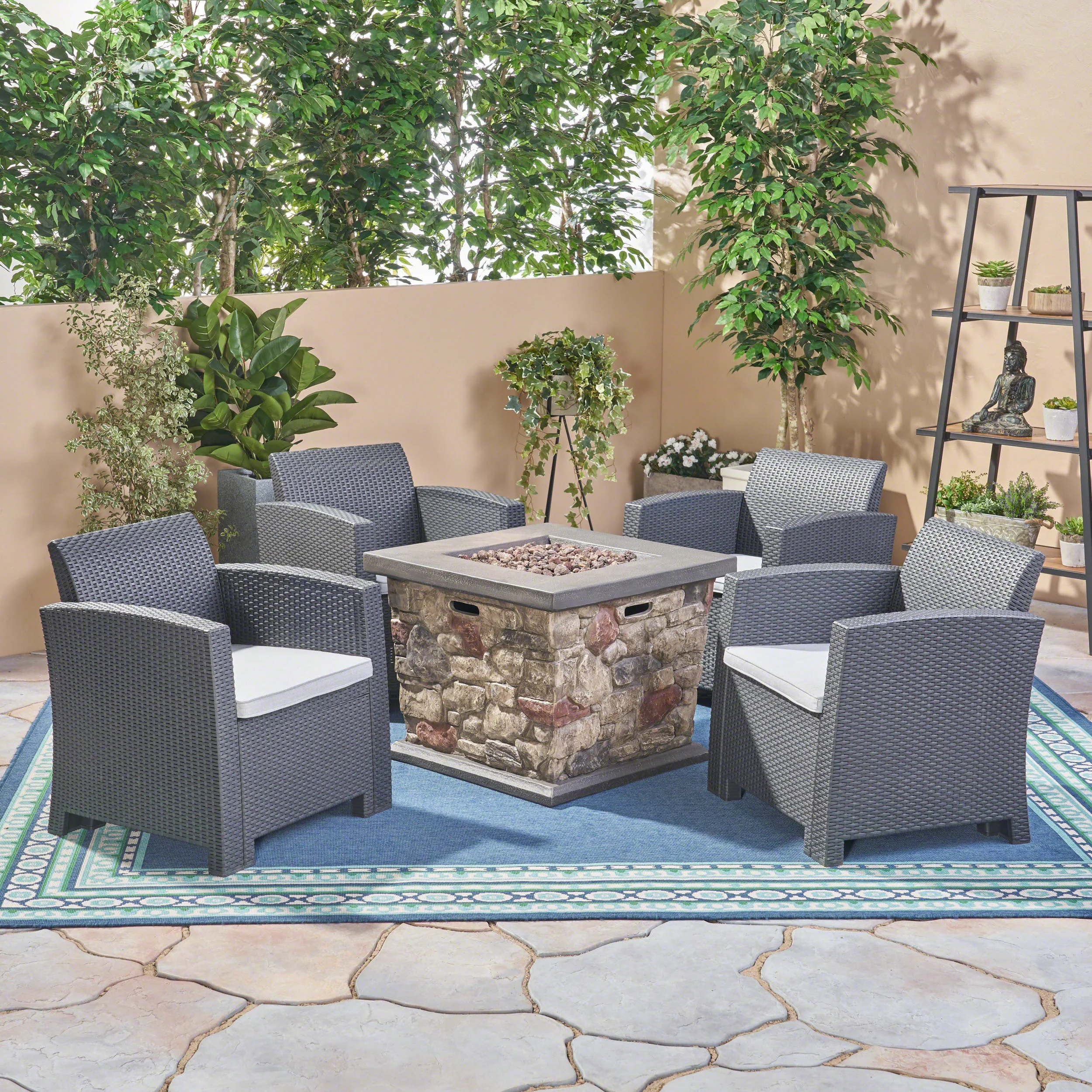 Maggie Outdoor 4-Seater Wicker Print Club Chair Chat Set With Fire Pit - furnishings