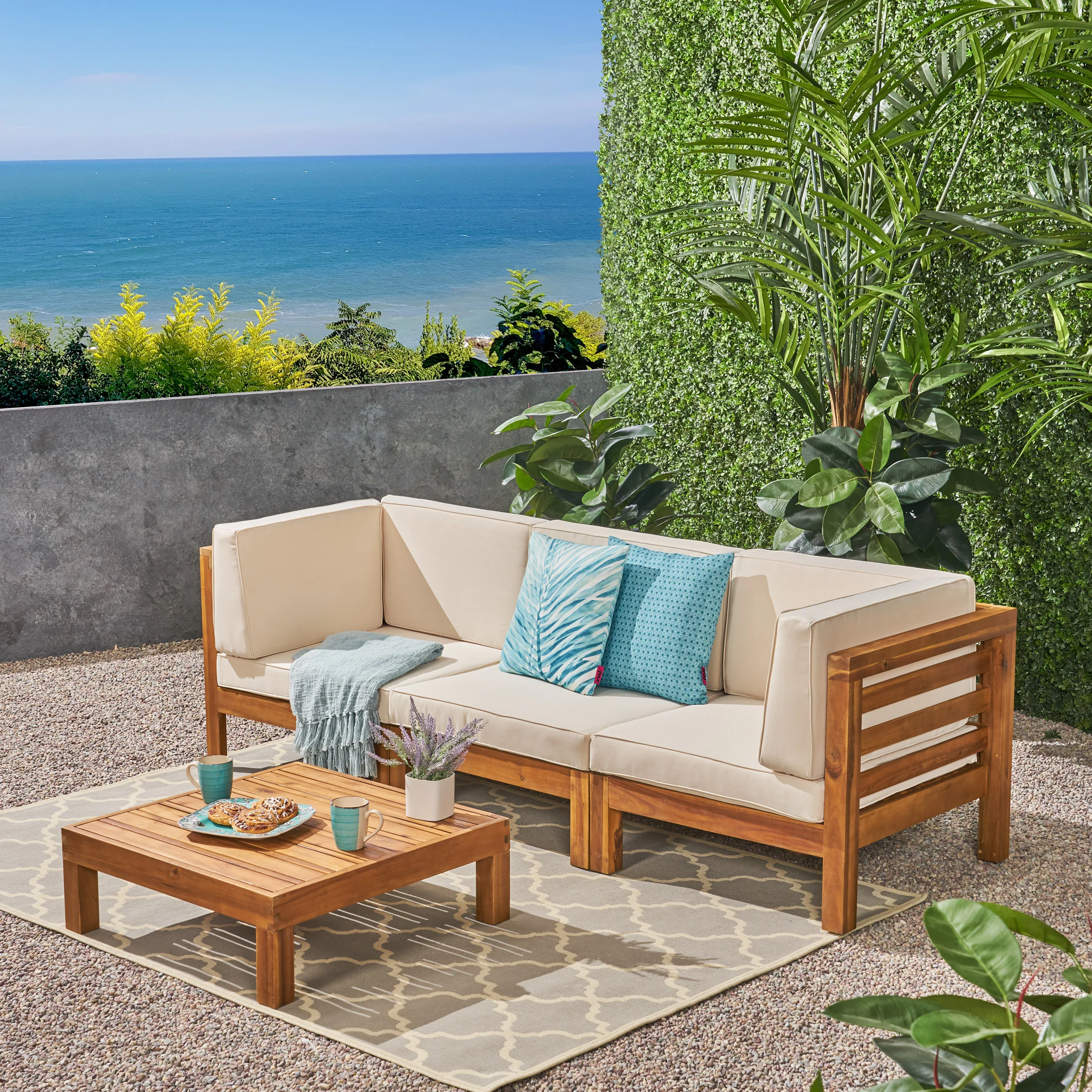 Dawson Outdoor Sectional Sofa Set with Coffee Table - 4-Piece 3-Seater - Acacia Wood - Outdoor Cushions - furnishings