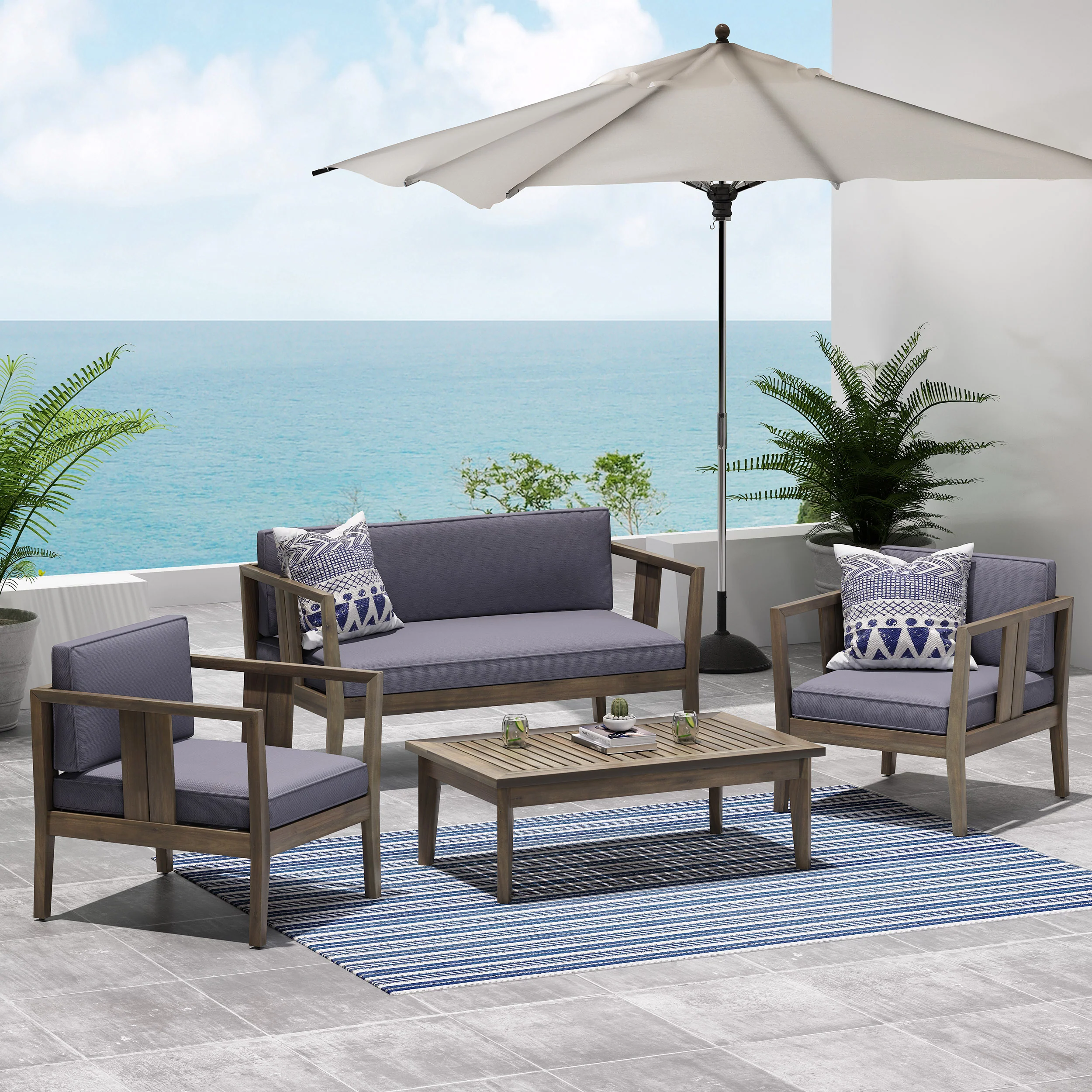 Saman Outdoor 4 Seater Acacia Wood Chat Set - furnishings