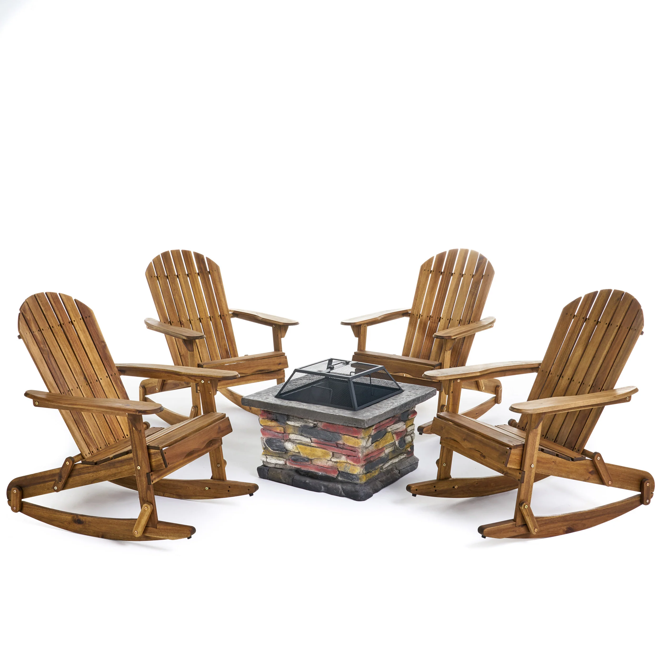Benson Outdoor 5 Piece Acacia Wood/ Light Weight Concrete Adirondack Chair Set with Fire Pit - furnishings