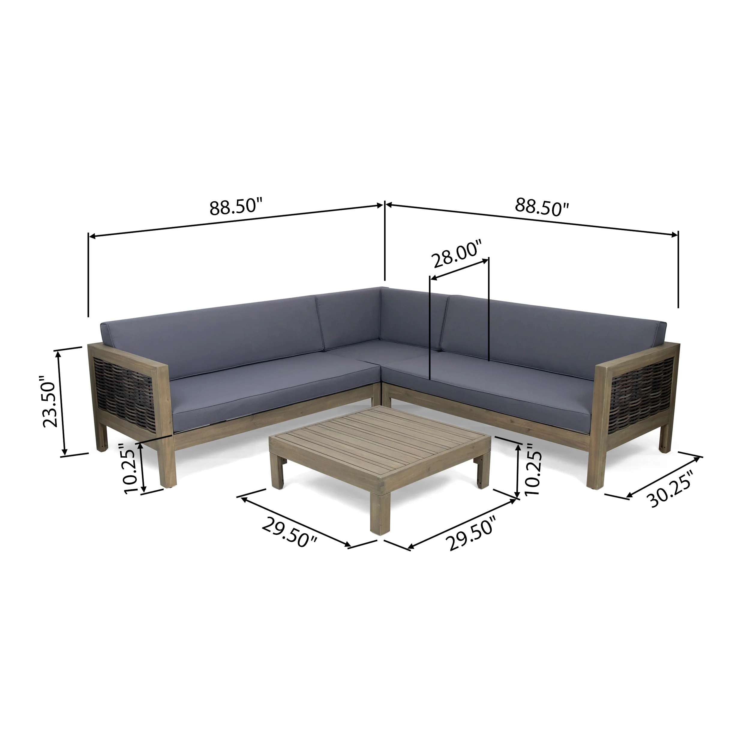 Elizabeth Outdoor Wood and Wicker 5 Seater Sectional Sofa and Coffee Table Set - furnishings