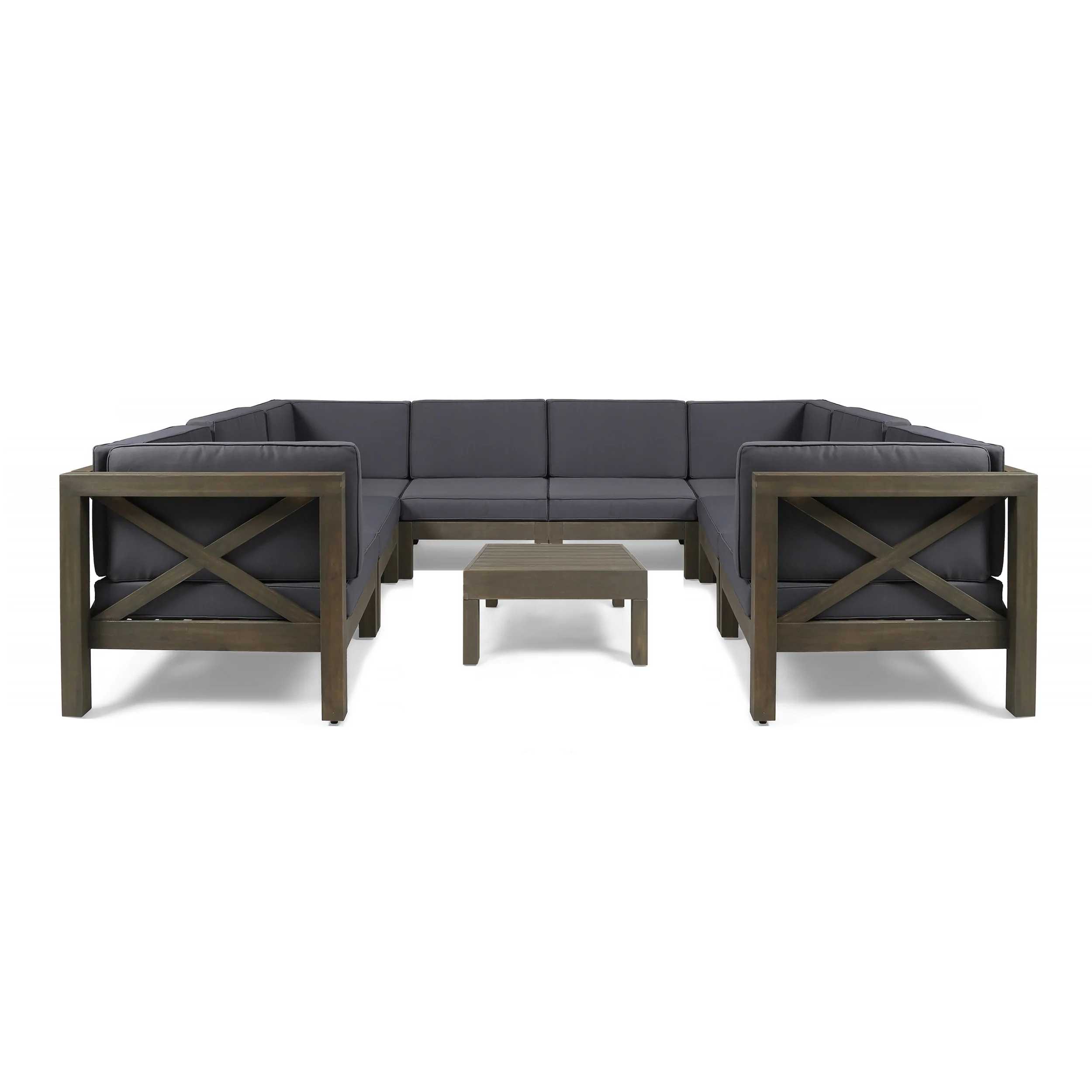 Keith Outdoor Acacia Wood 8 Seater U-Shaped Sectional Sofa Set with Coffee Table - furnishings