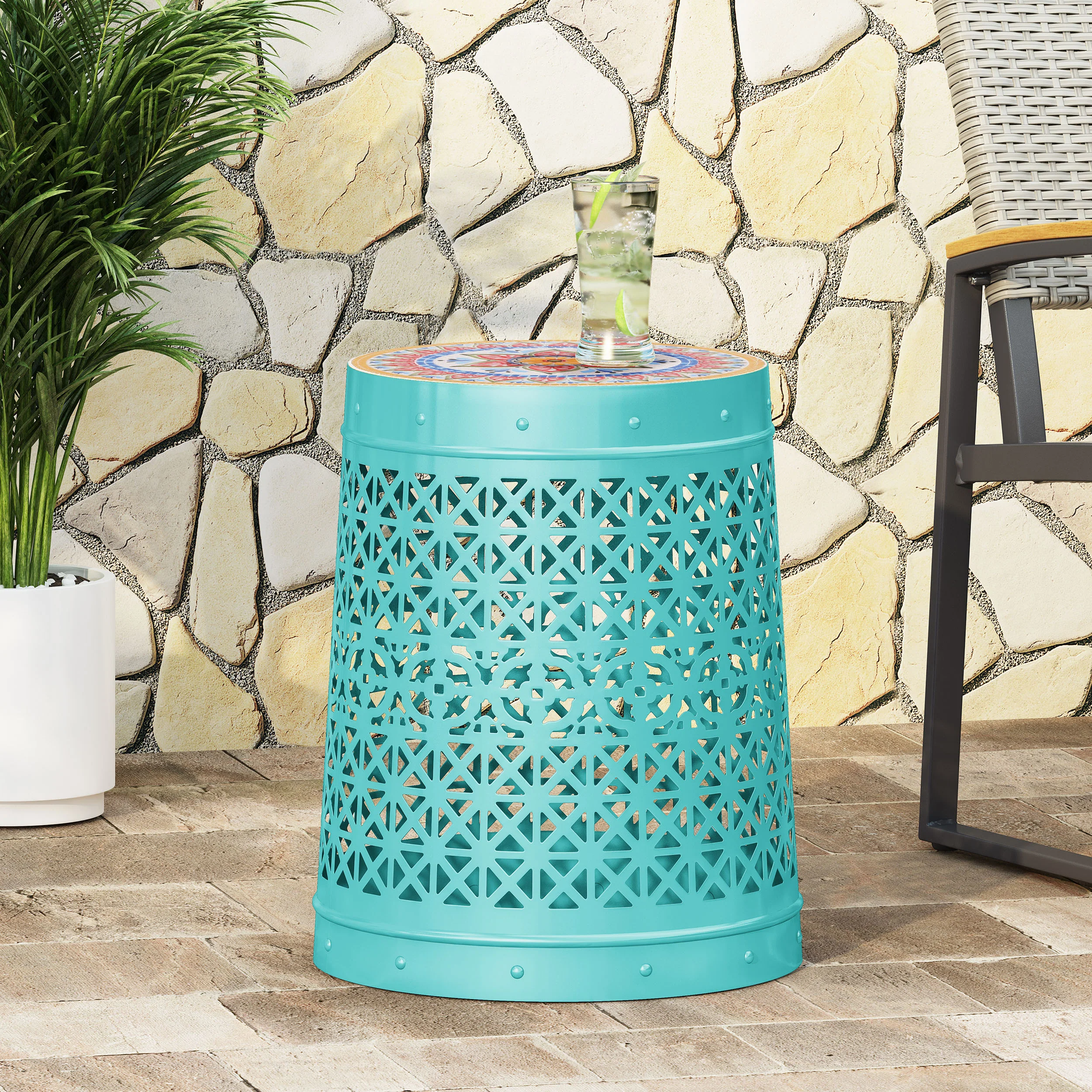 Khalief Outdoor Lace Cut Side Table with Tile Top - furnishings