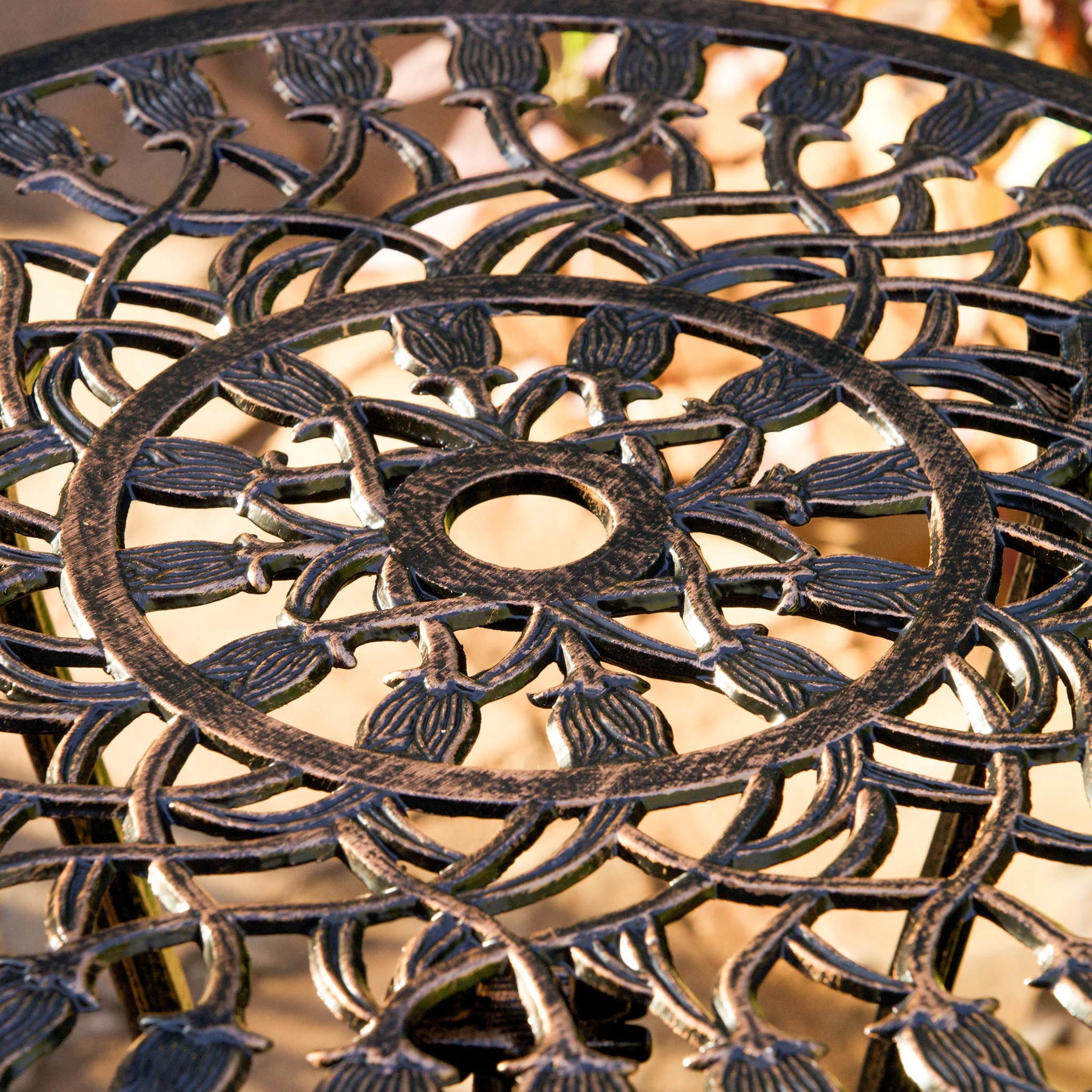 New Outdoor Vintage Style Cast Aluminum Bistro Set with Tulips - furnishings