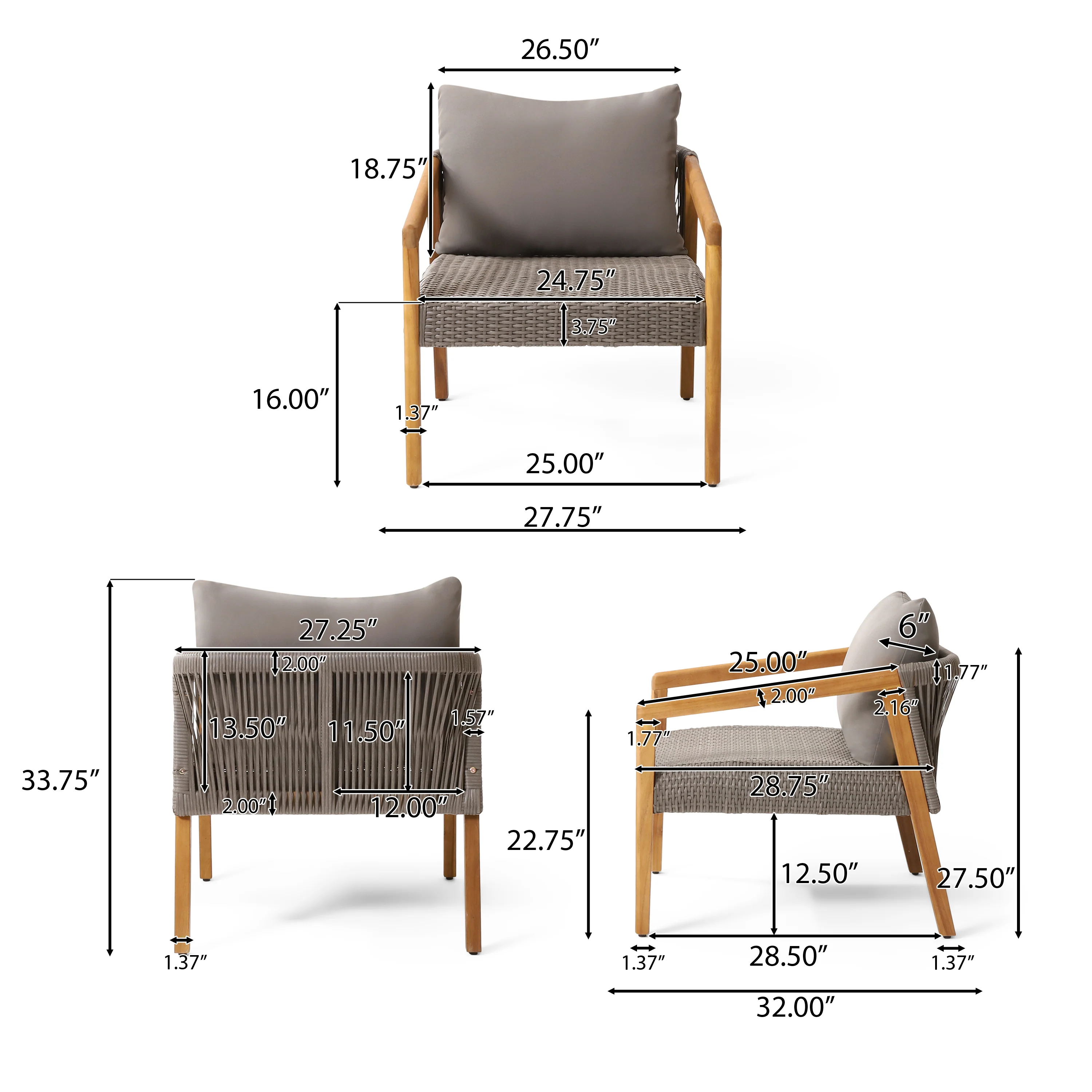 Breck Outdoor Acacia Wood and Wicker Club Chairs with Cushion, Set of 2, Teak and Gray - furnishings