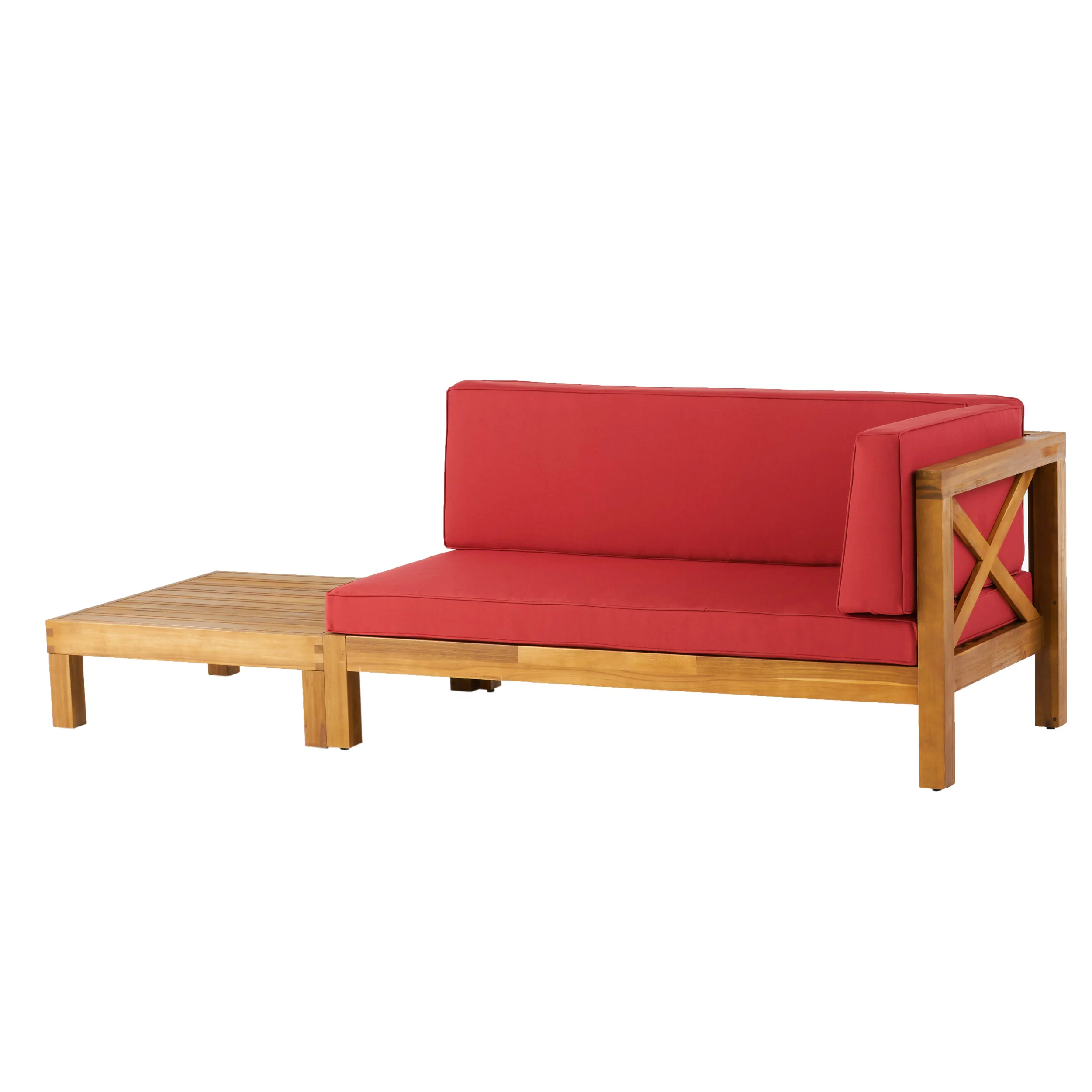 Keith Outdoor Acacia Wood Right Arm Loveseat and Coffee Table Set with Cushion - furnishings