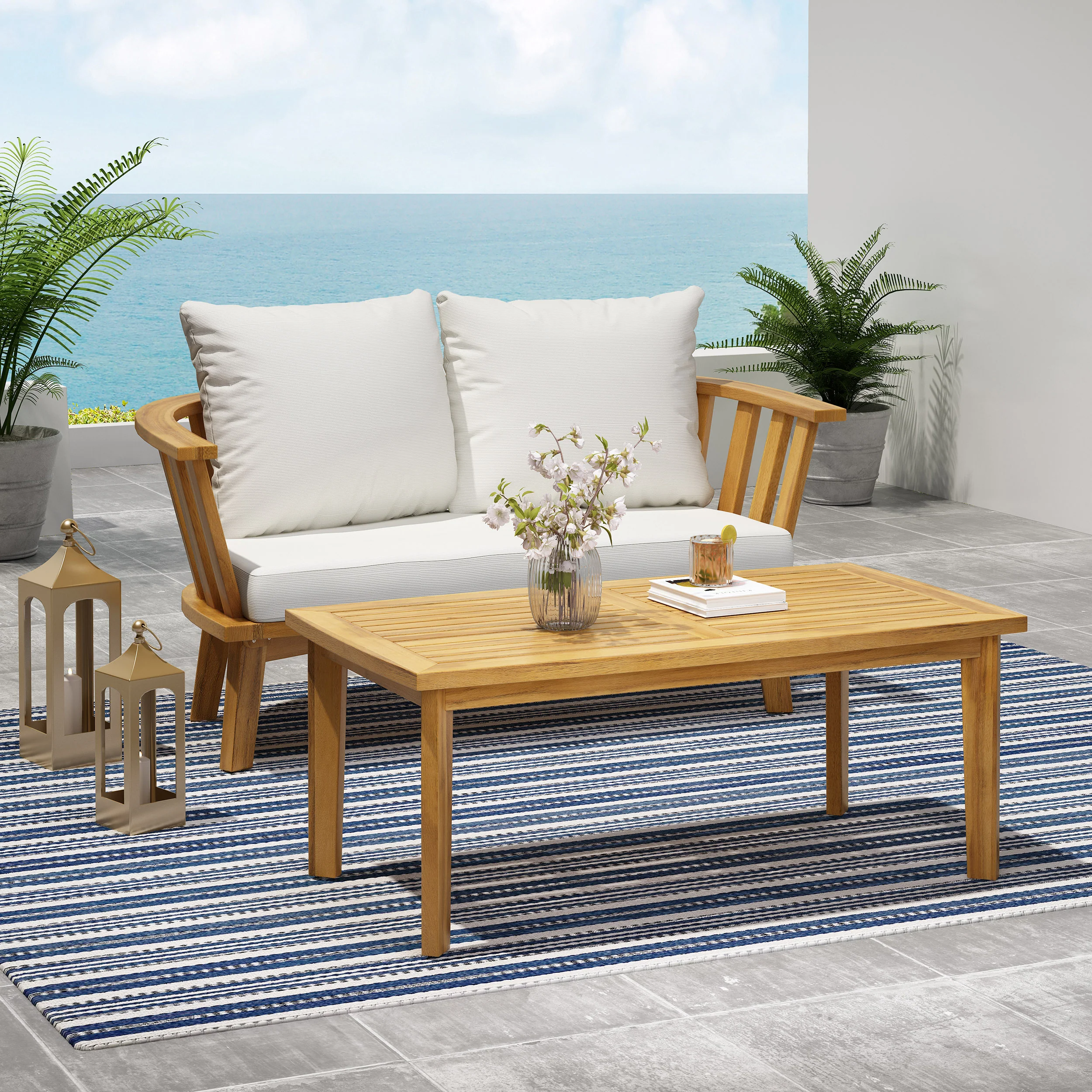 Laiah Outdoor Wooden Loveseat and Coffee Table Set - furnishings