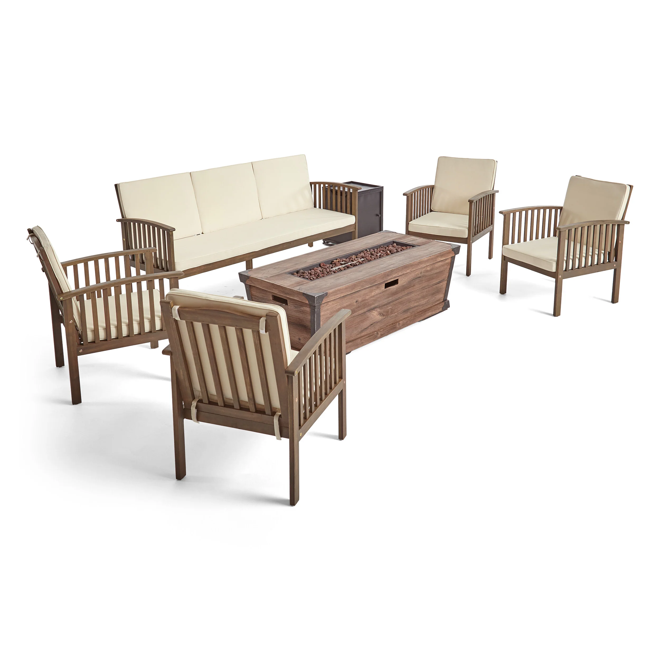 Beckley Outdoor 5 Piece Acacia Wood Conversational Set with Cushions and Fire Pit - furnishings
