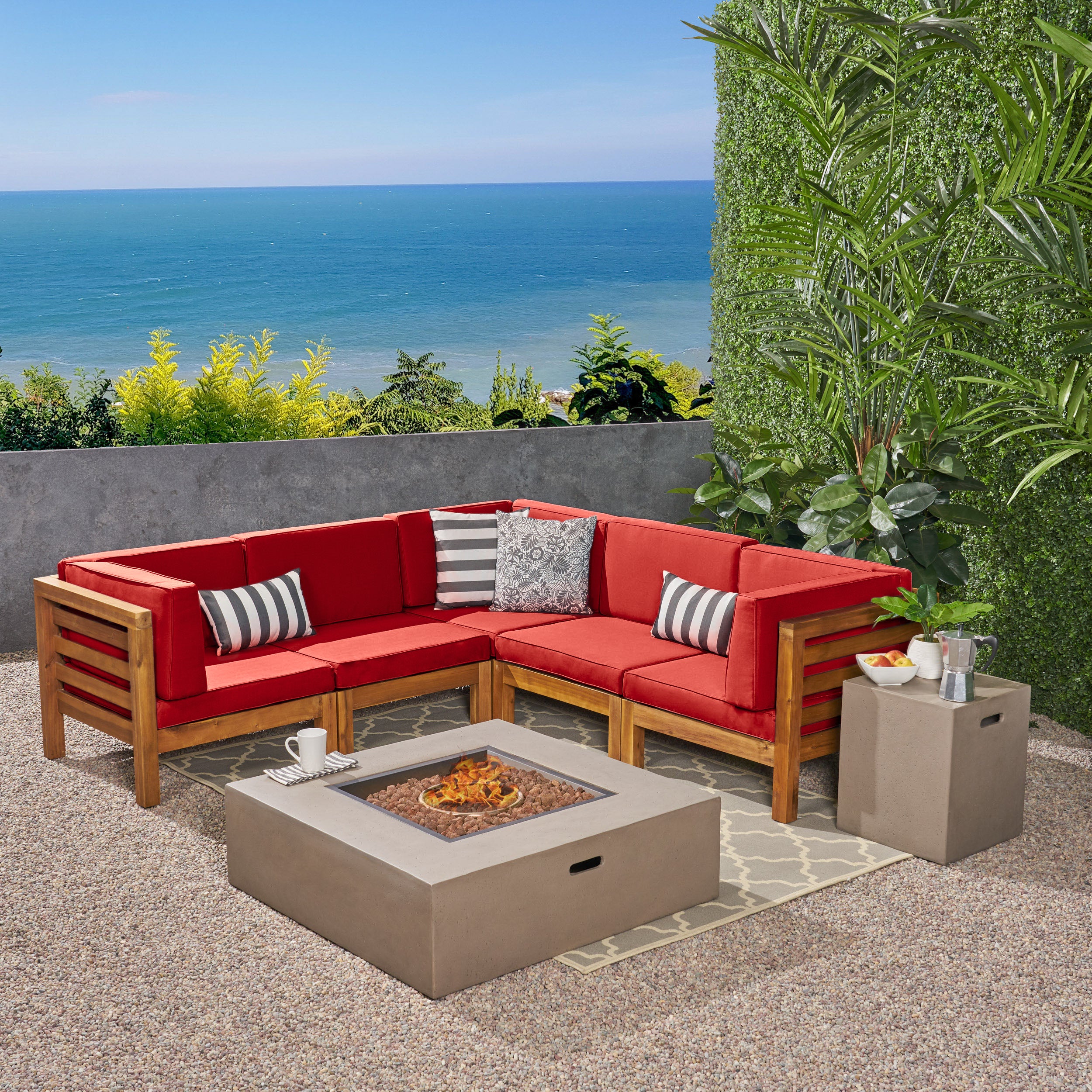 Ravello Outdoor V-Shaped Sectional Sofa Set with Fire Pit - furnishings