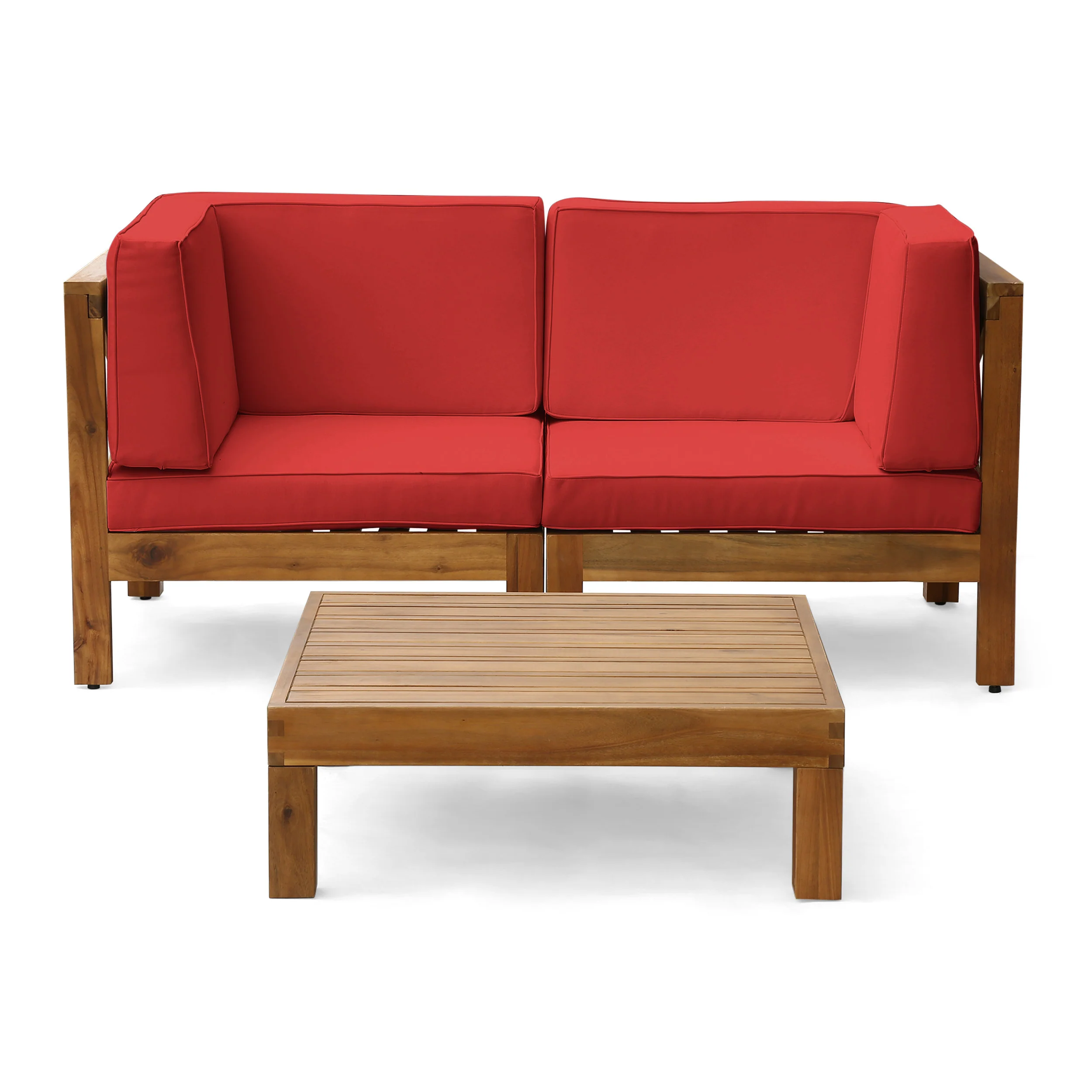 Dawson Outdoor Sectional Love Seat Set with Coffee Table - 3-Piece 2-Seater - Acacia Wood - Outdoor Cushions - furnishings