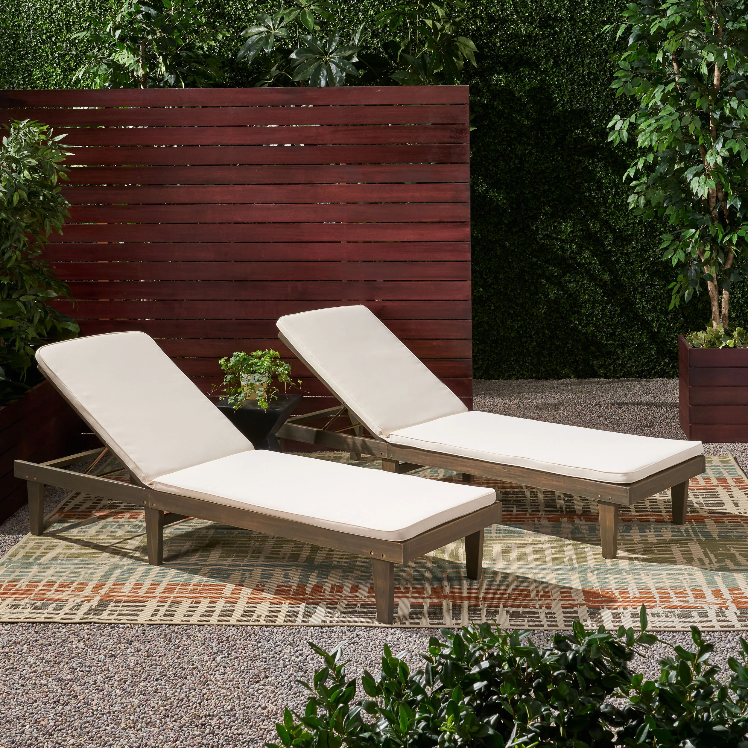 Nadine Outdoor Modern Acacia Wood Chaise Lounge with Cushion (Set of 2) - furnishings