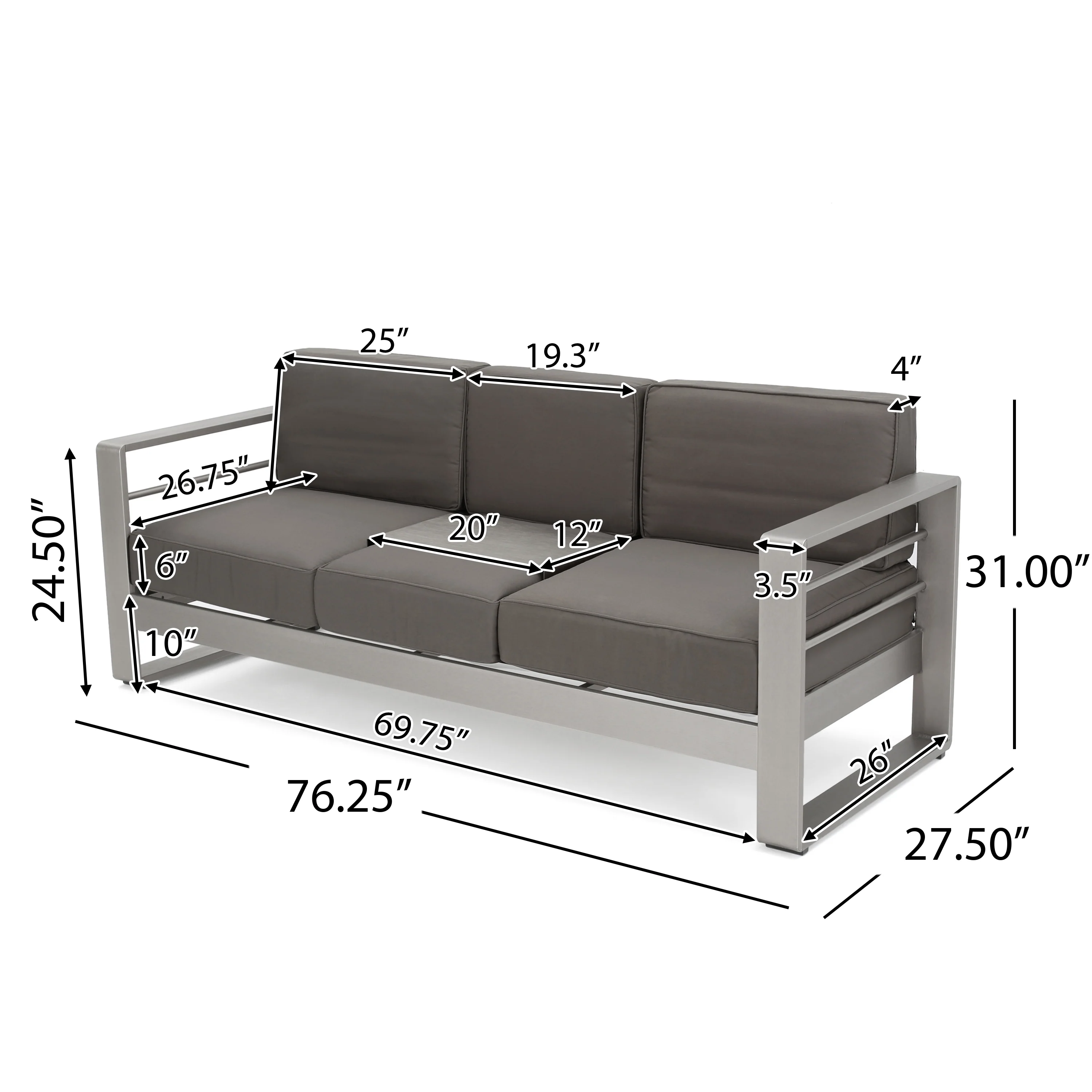 Crested Bay Outdoor Aluminum 3 Seater Sofa with Sunbrella Cushions - furnishings