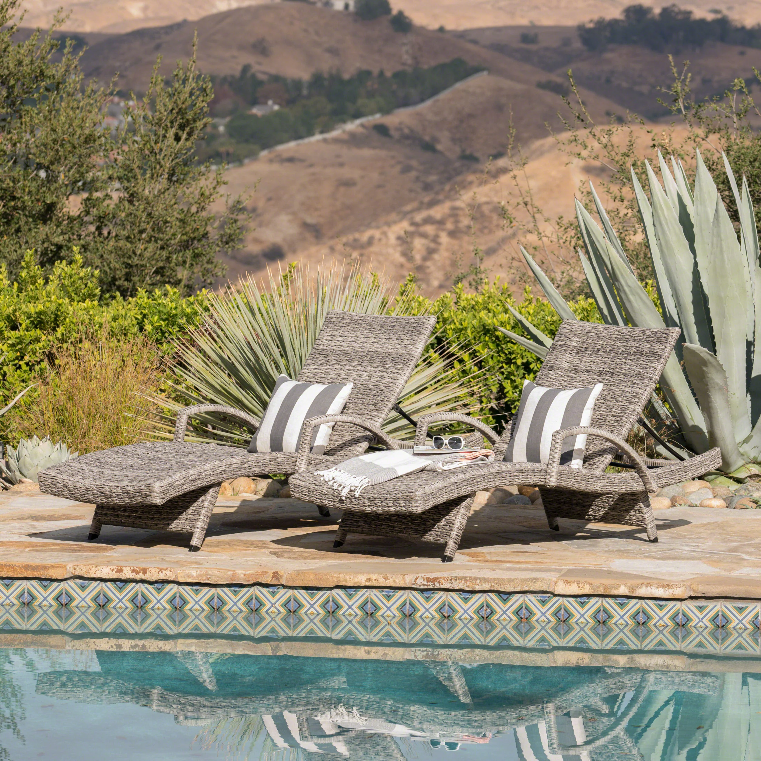 Keira Outdoor Armed Aluminum Framed Grey Wicker Chaise Lounge - furnishings