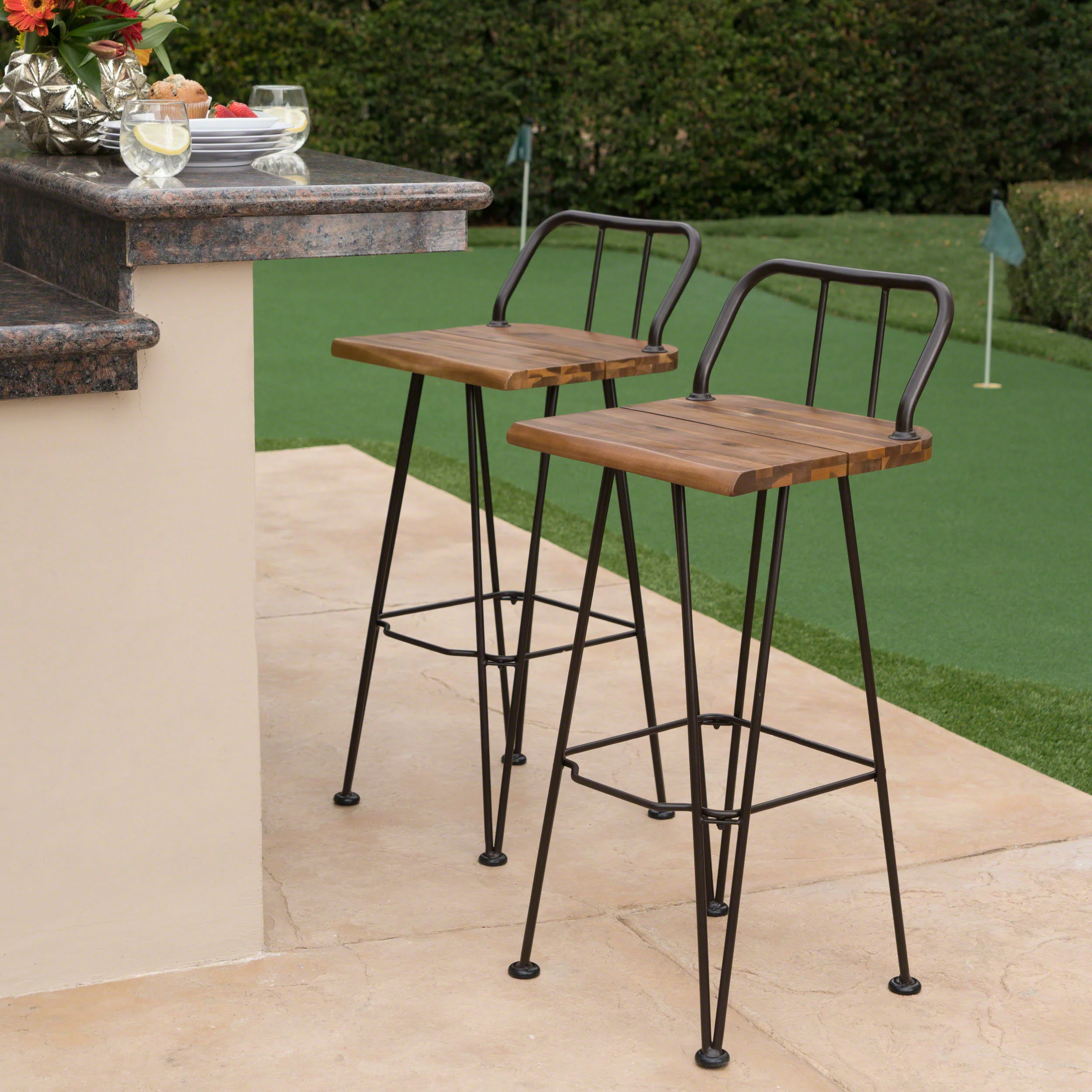 Leonardo Outdoor Industrial Teak Finished Acacia Wood Barstools with Iron Frame - furnishings