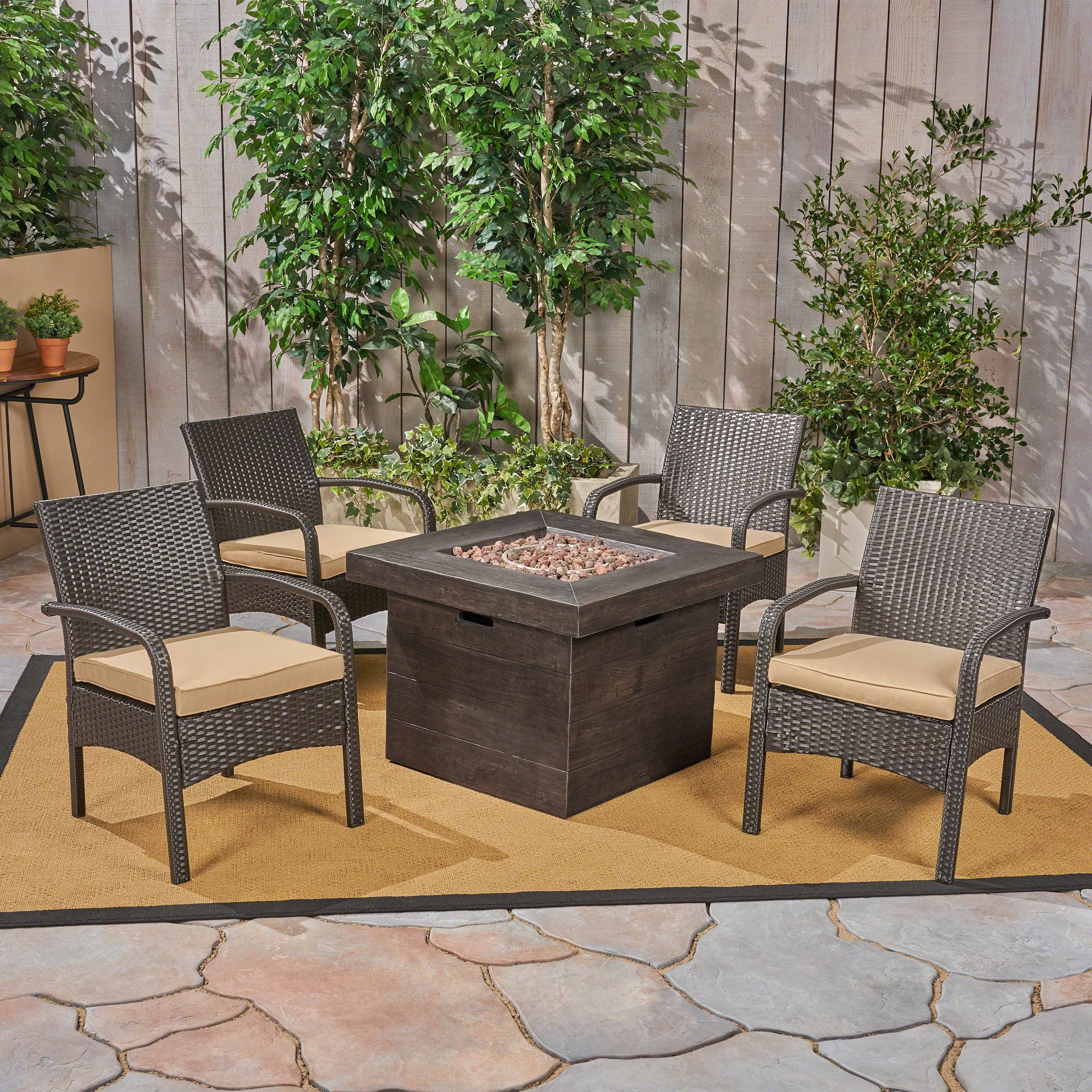 Meroy Patio Fire Pit Set, 4-Seater with Club Chairs, Wicker with Outdoor Cushions - furnishings