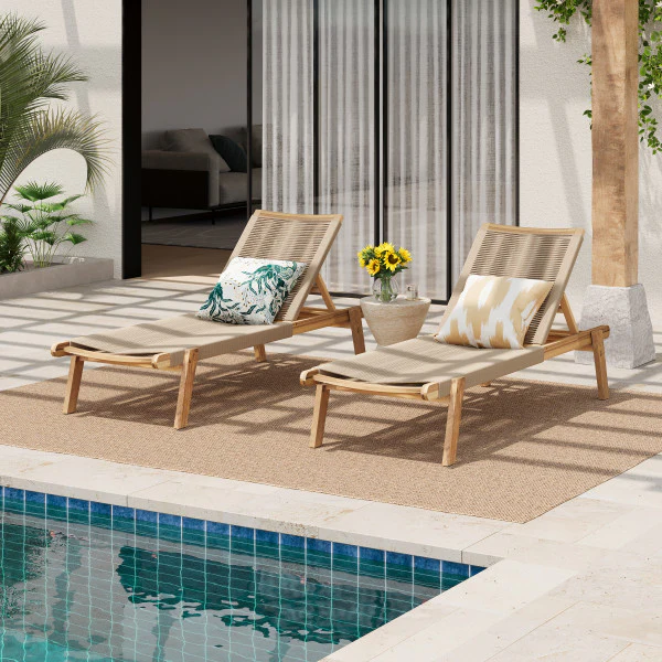 Catalia Outdoor Patio Braided Rope Acacia Wood Rope Chaise Lounge - furnishings