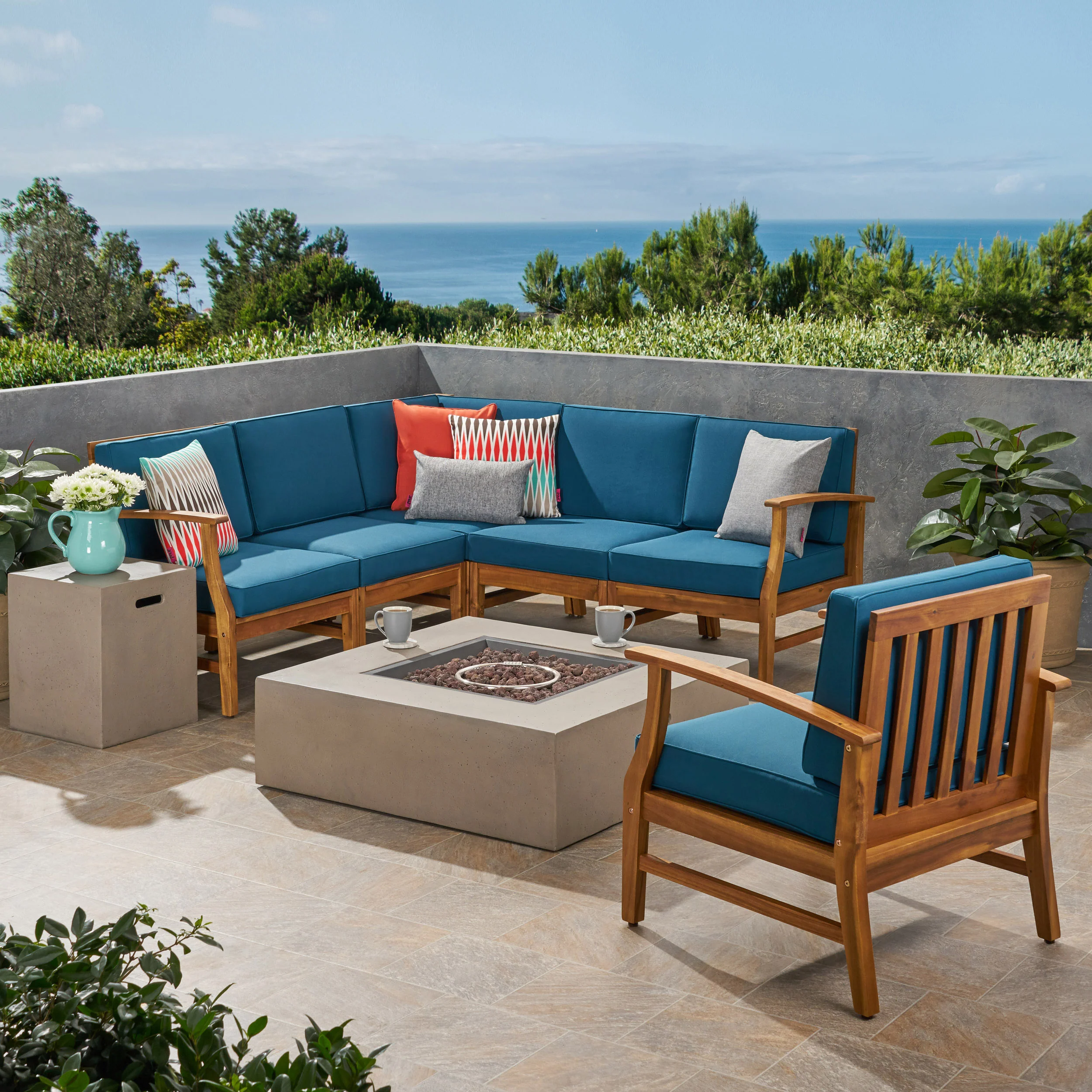 Nyeemah Outdoor 6 Seater Acacia Wood Sofa Set with Square Fire Table and Tank - furnishings