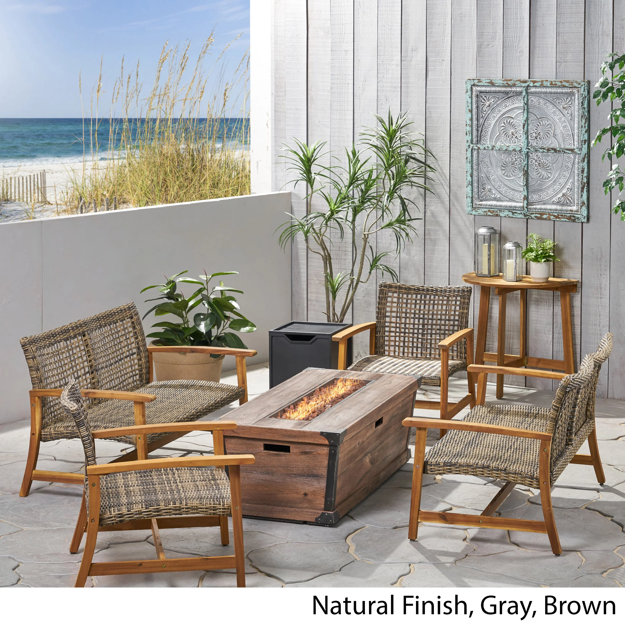 Levant Outdoor 6-Seater Wood and Wicker Chat Set with Fire Pit - furnishings