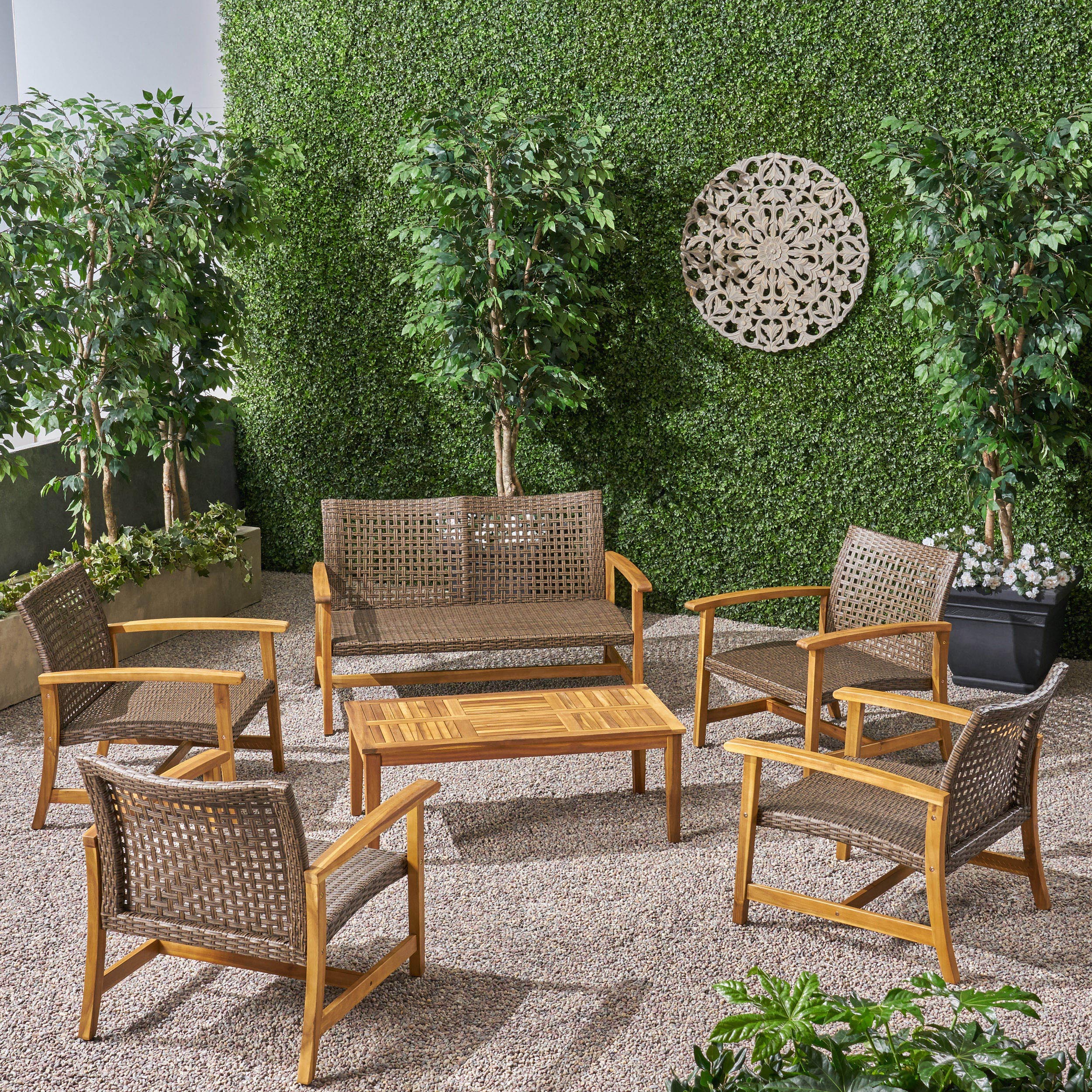 Alyssa Outdoor 6 Piece Wood and Wicker Chat Set - furnishings