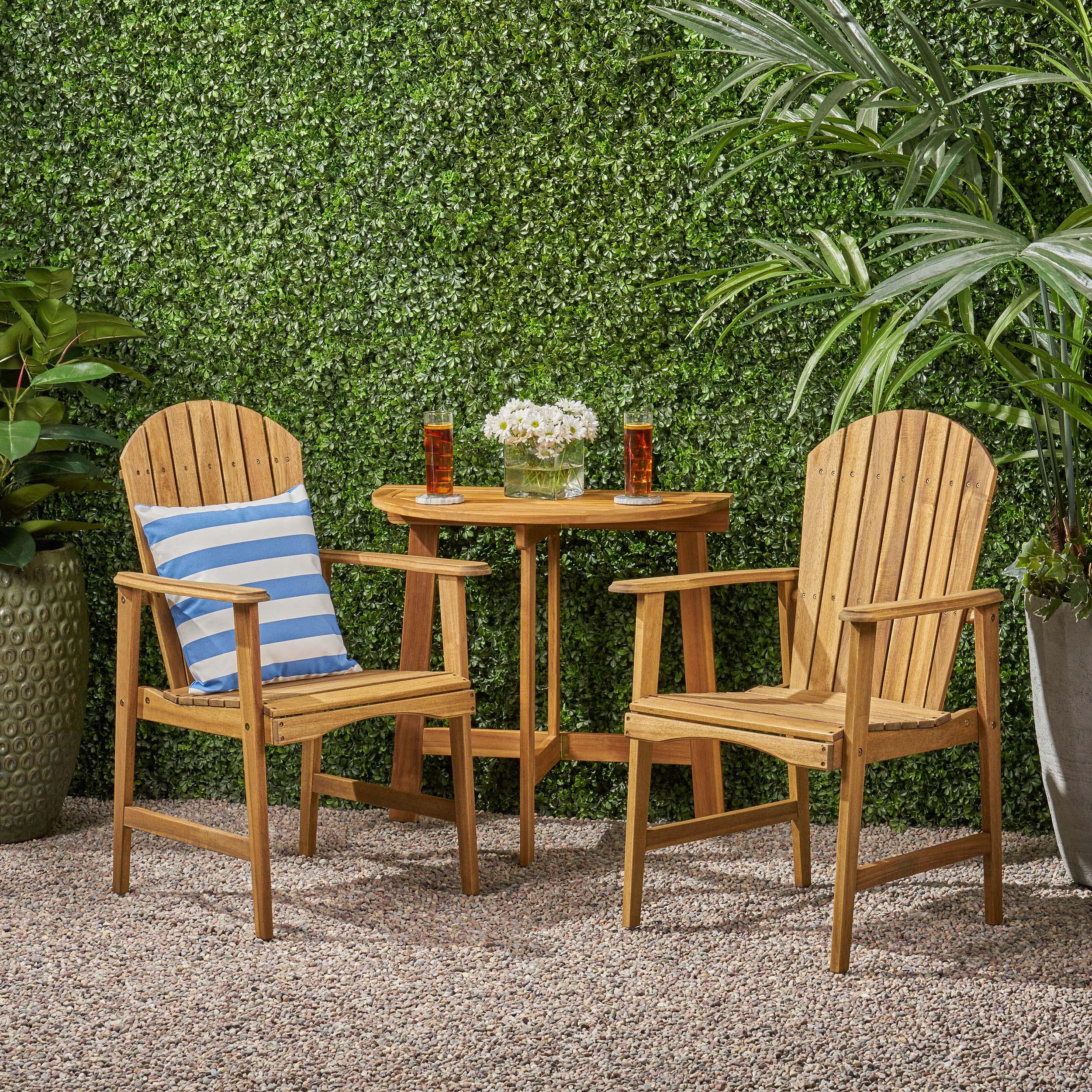 George Outdoor 2 Seater Half-Round Acacia Wood Bistro Table Set with Adirondack Chairs - furnishings