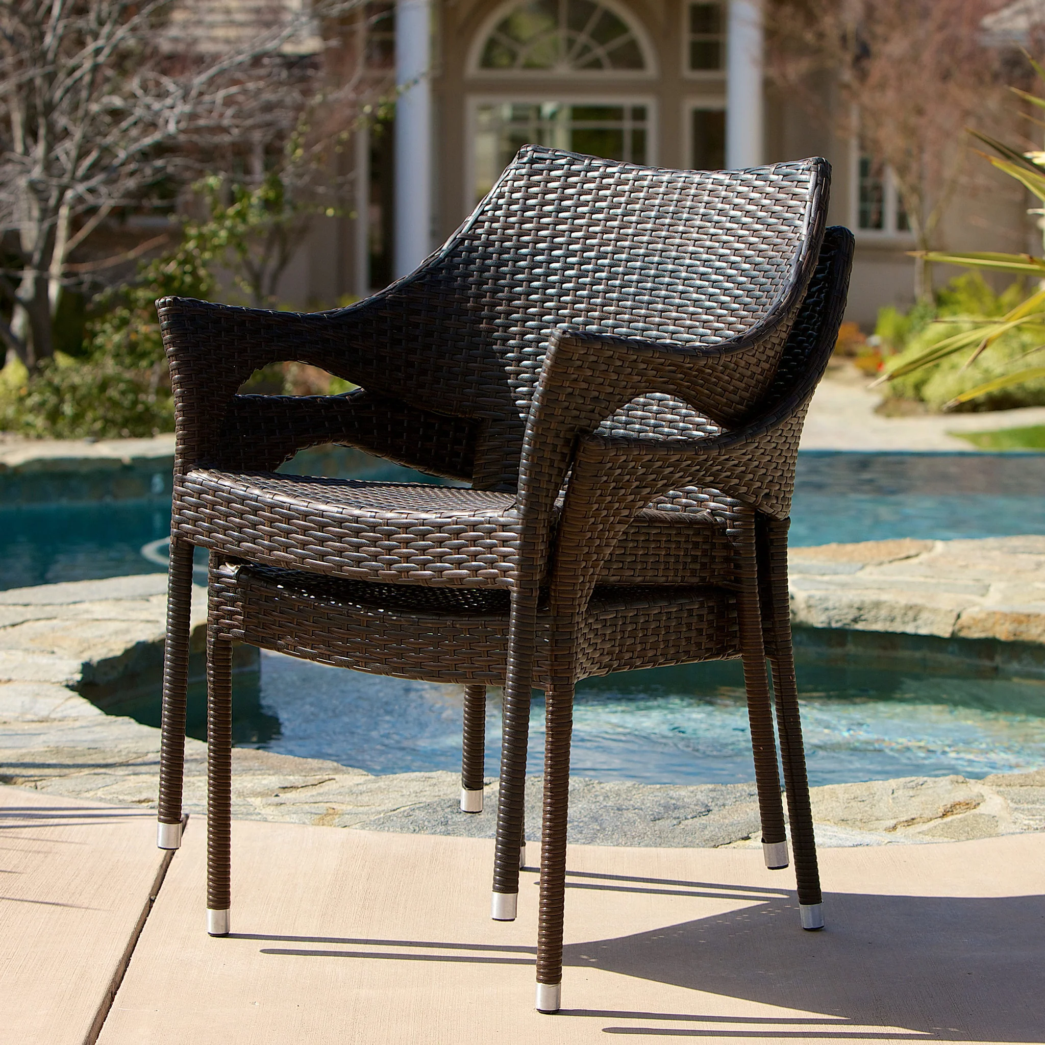 Tahitian Outdoor 3 Piece Multi-Brown Wicker Chat Set with Stacking Chairs - furnishings
