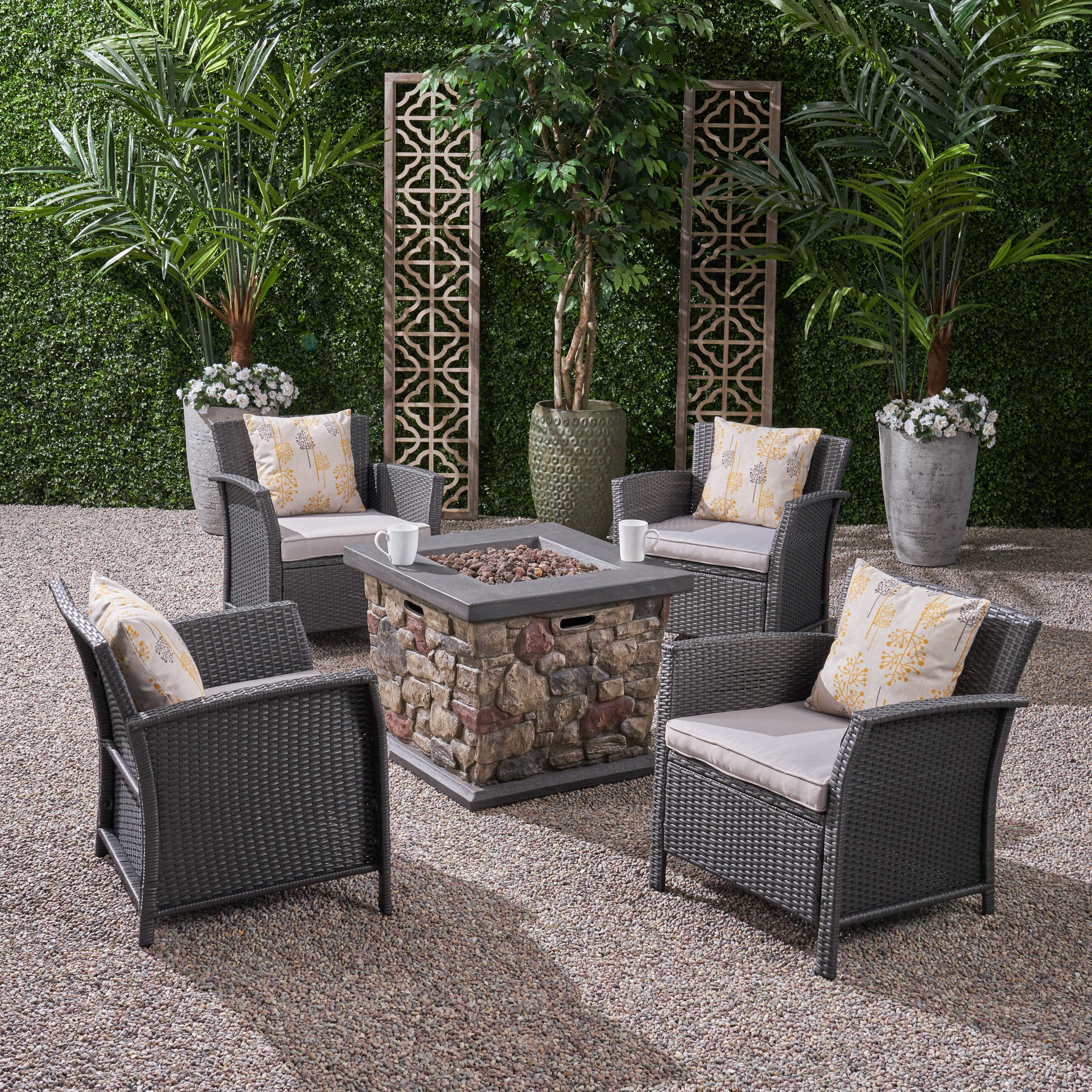 Laiah Outdoor 4 Piece Wicker Club Chair Chat Set with Stone Finished Fire Pit - furnishings