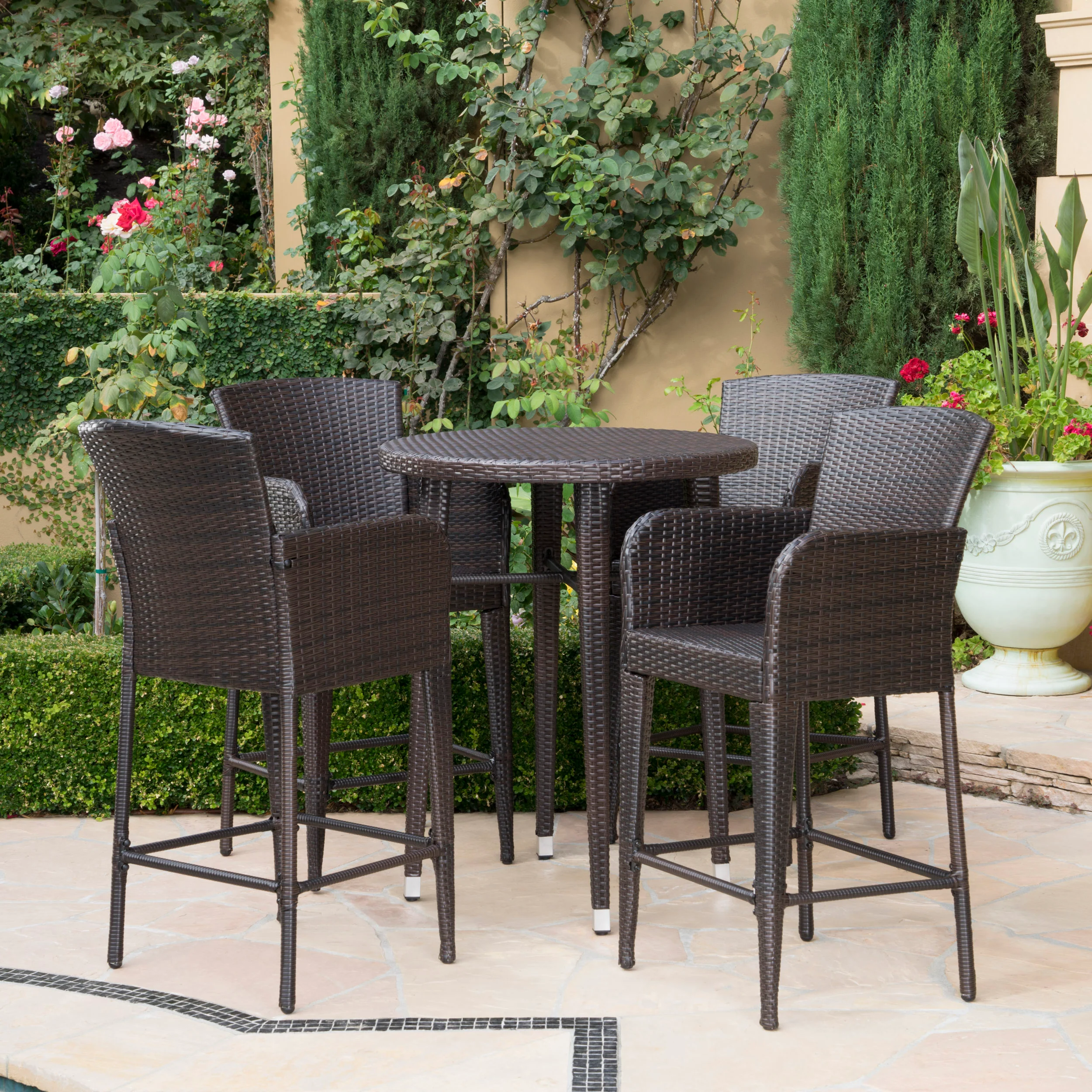 Callum Outdoor 5 Piece Wicker Bar Set, Multi-Brown - furnishings