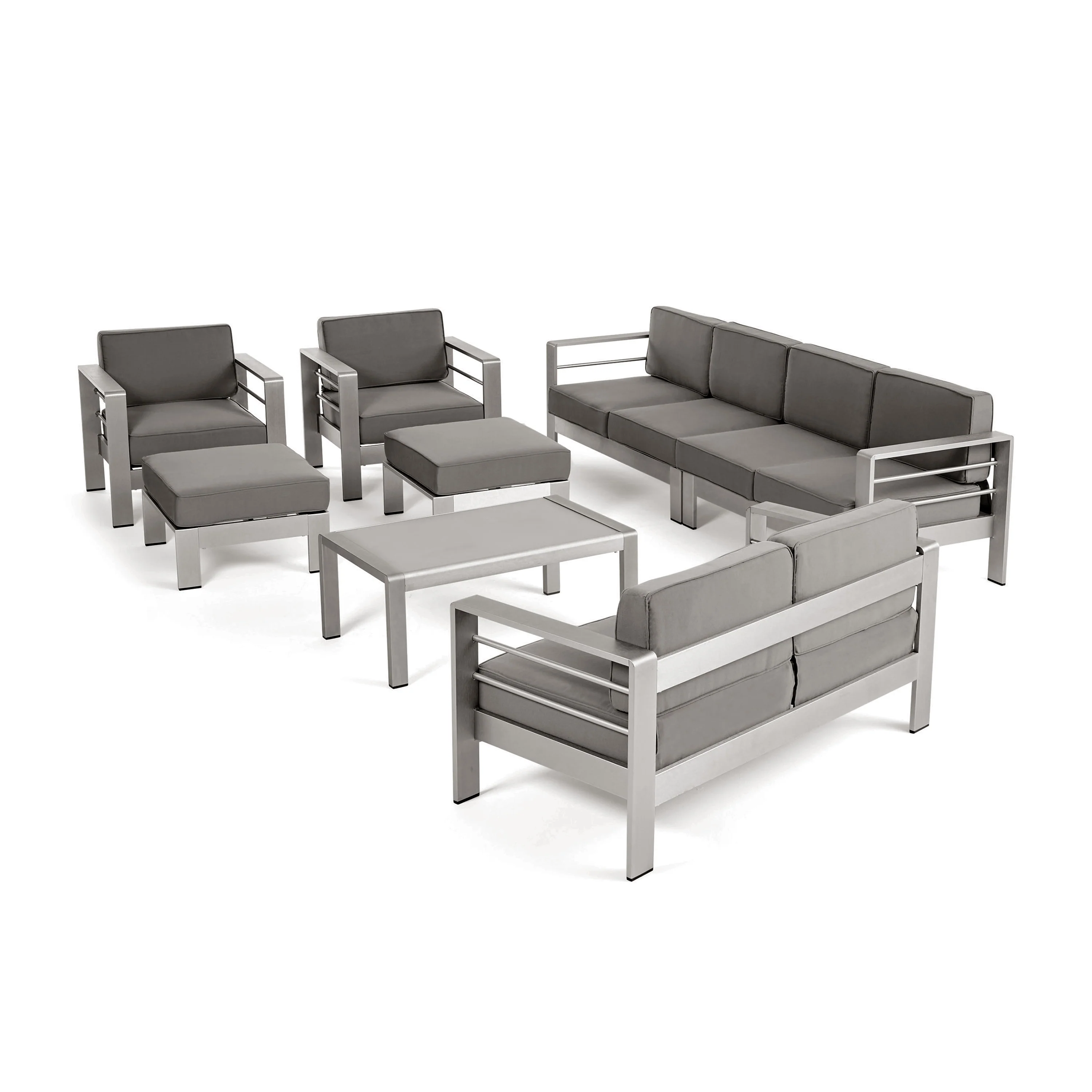 Emily Coral Outdoor Aluminum 8-Seater Sectional Sofa Set with Coffee Table and Ottomans, Silver and Khaki - furnishings