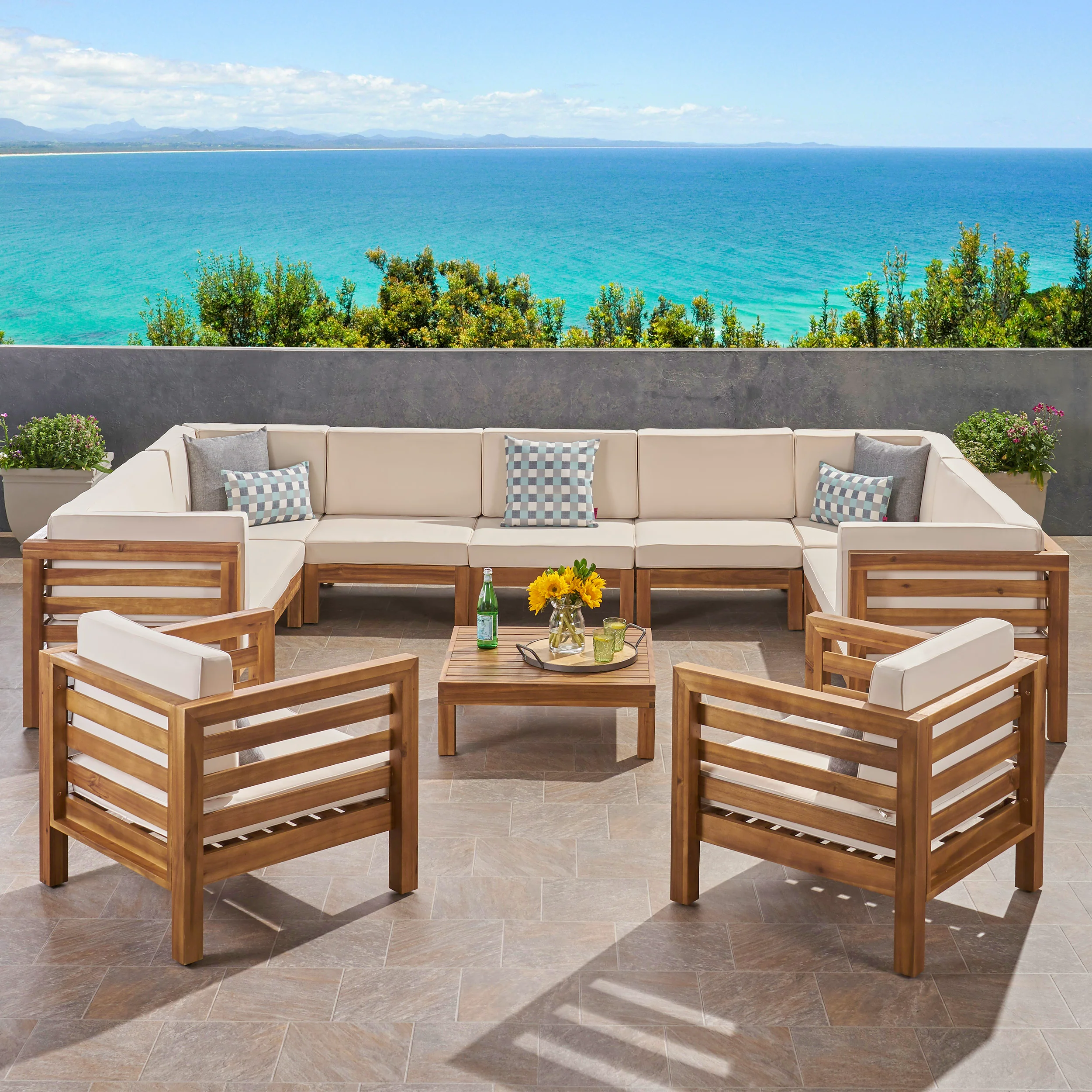 Emma Outdoor 11 Seater Acacia Wood Sectional Sofa and Club Chair Set - furnishings