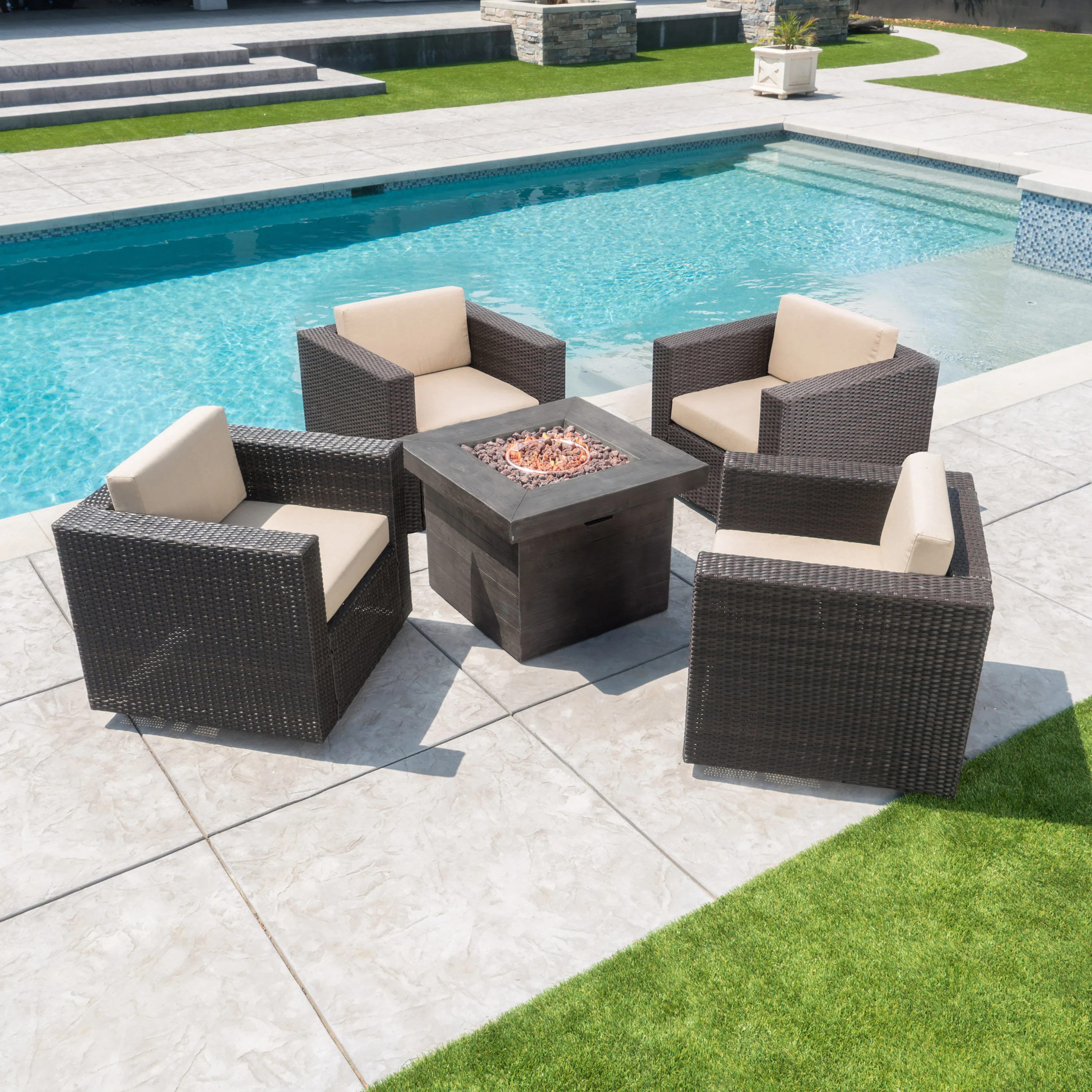 Venice Outdoor 5 Piece Chat Set with Dark Brown Chairs with Fire Pit - furnishings