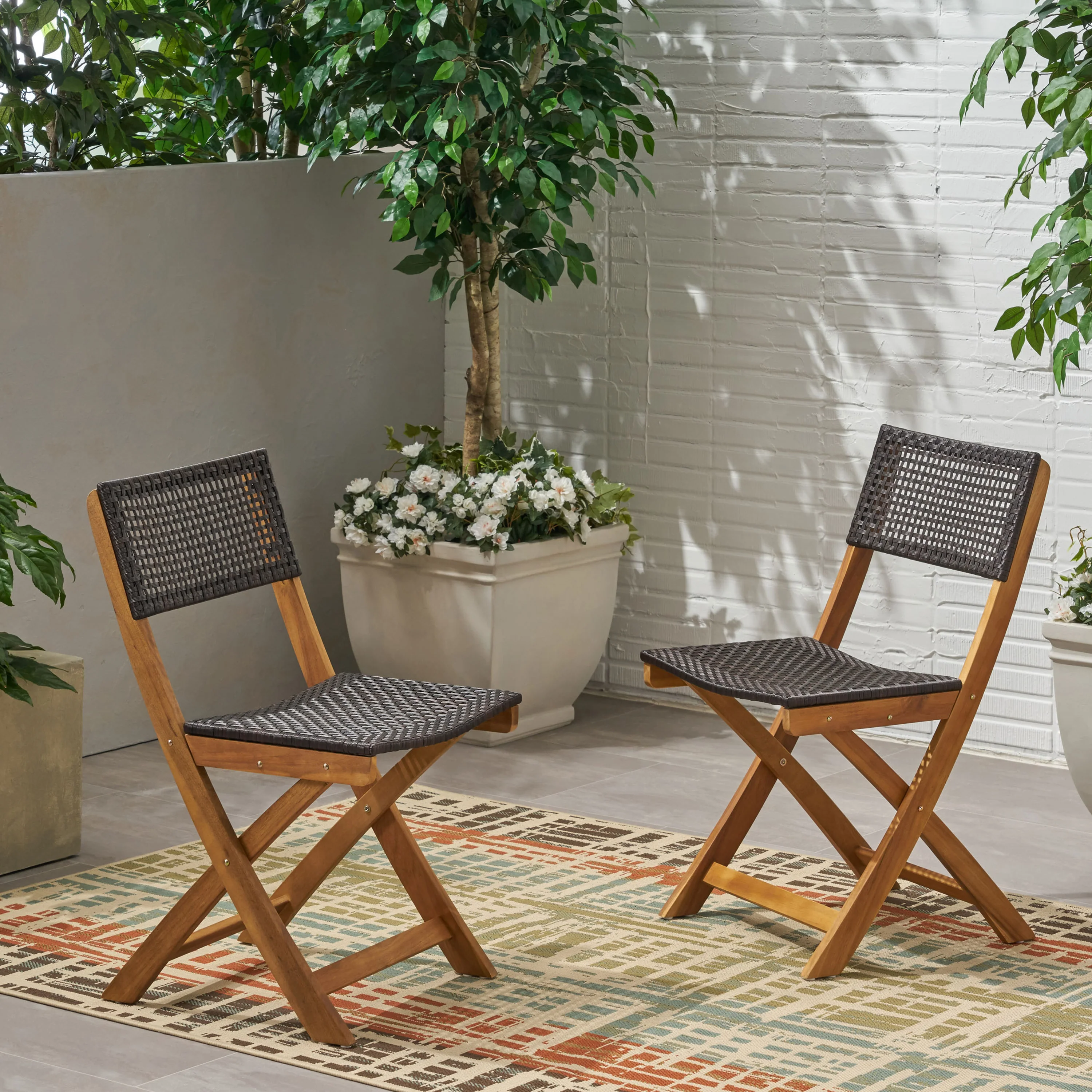 Truda Outdoor Acacia Wood Foldable Bistro Chairs with Wicker Seating (Set of 2) - furnishings