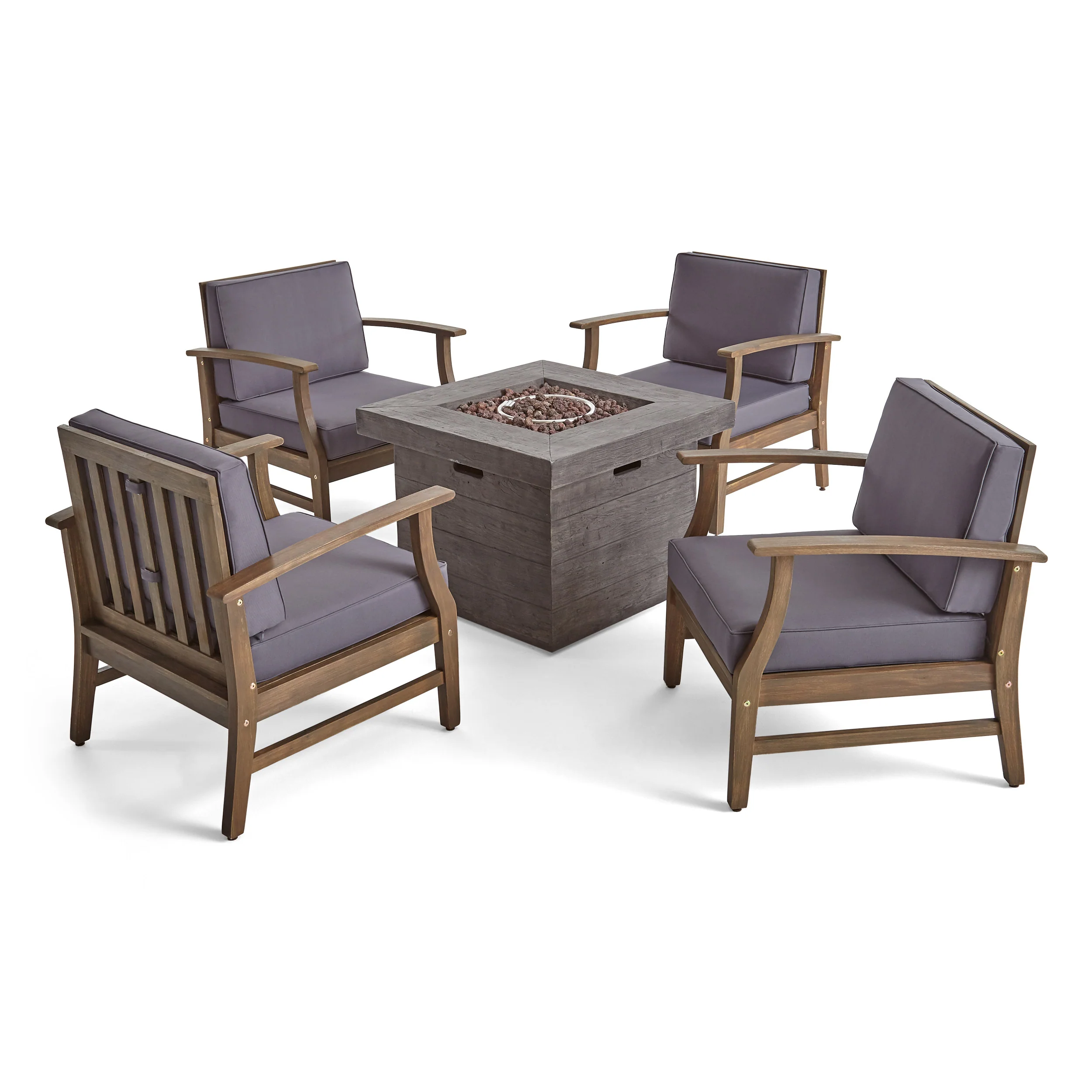 Easter Outdoor 5 Piece Acacia Wood Club Chair and Fire Pit Set, Gray Finish and Gray - furnishings