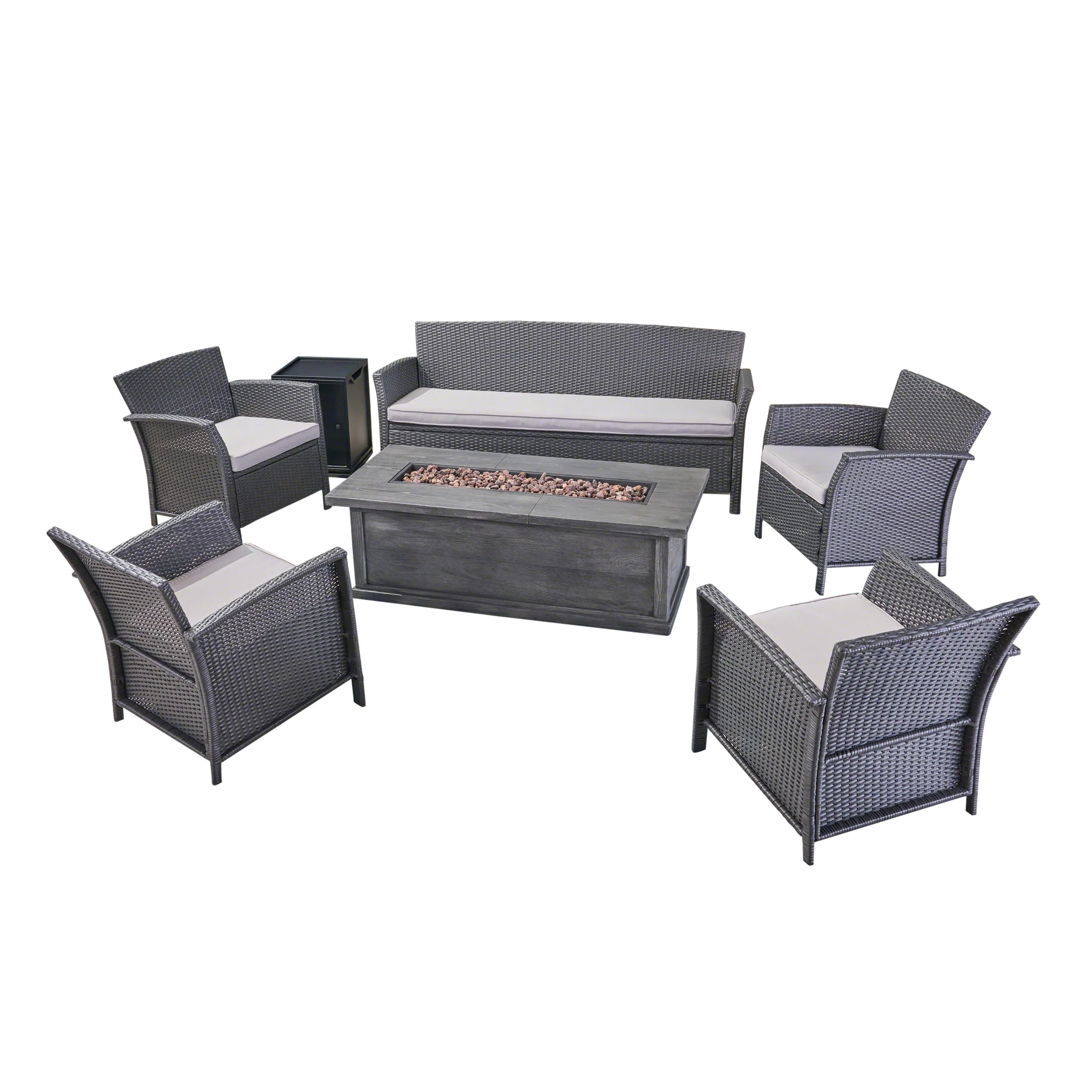 Laiah Outdoor 7 Seater Wicker Chat Set with Fire Pit - furnishings