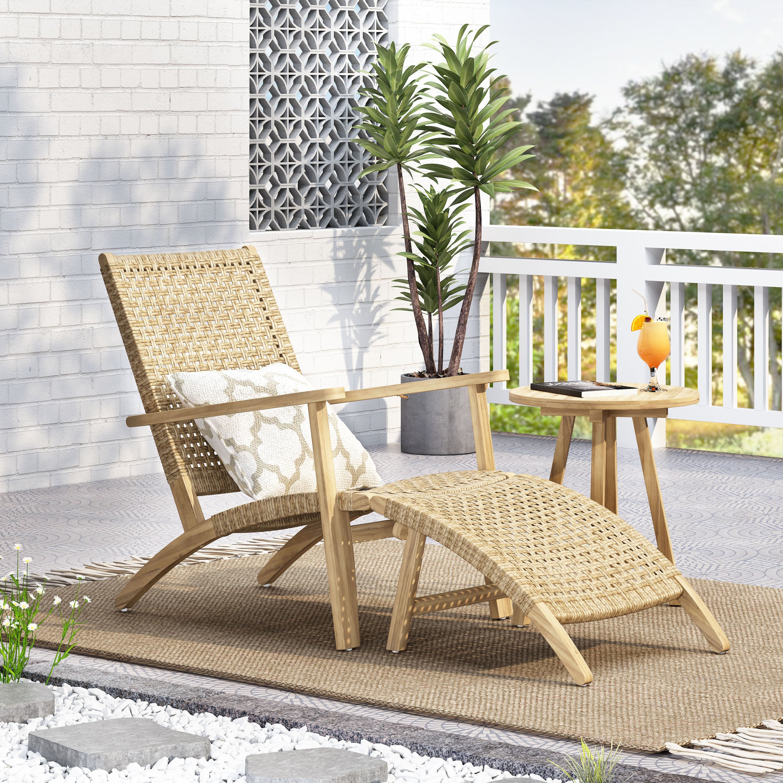 Arlost Outdoor Wicker Lounge Chair with Ottoman, Light Brown and Light Multibrown - furnishings