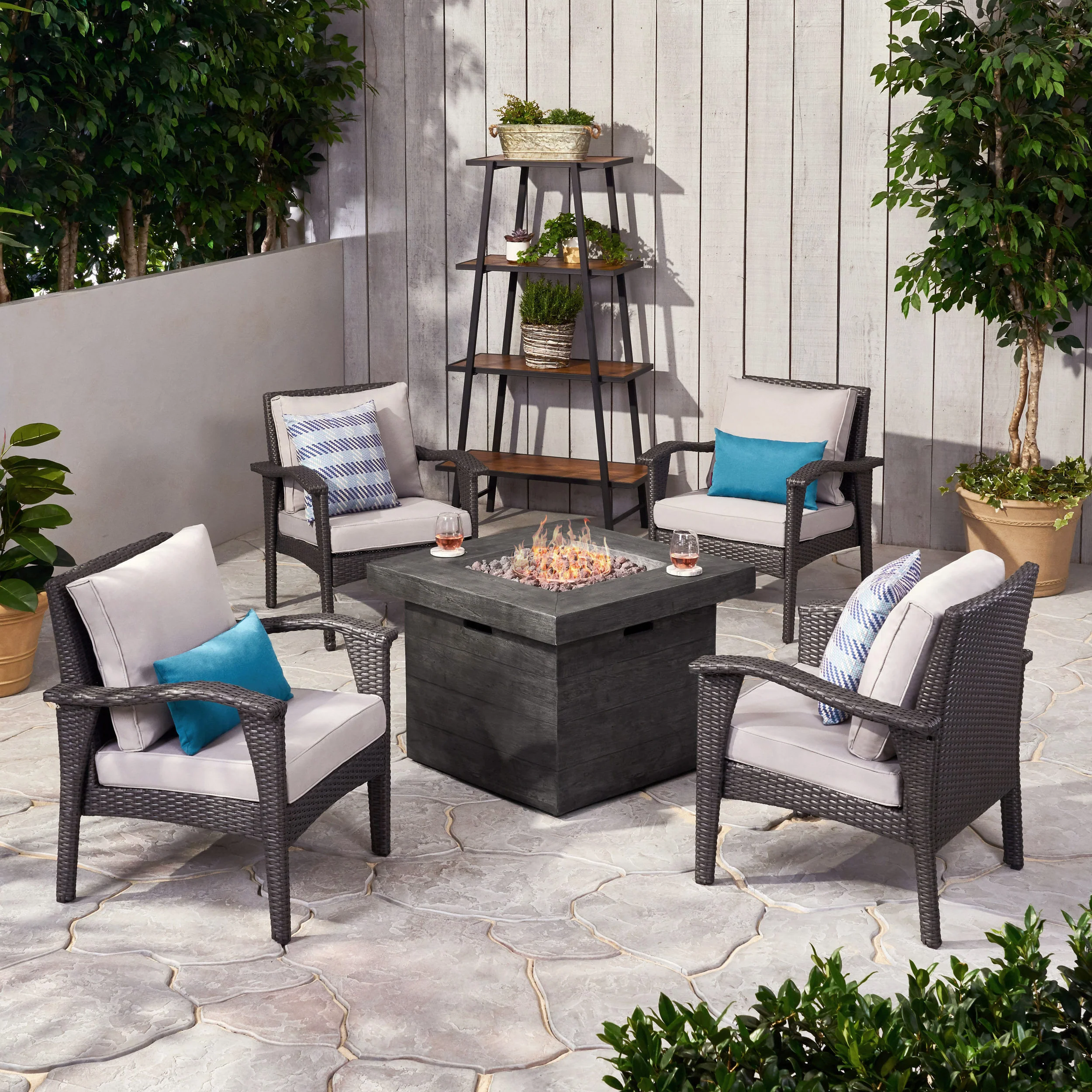 Norma Outdoor 4 Club Chair Chat Set with Fire Pit - furnishings