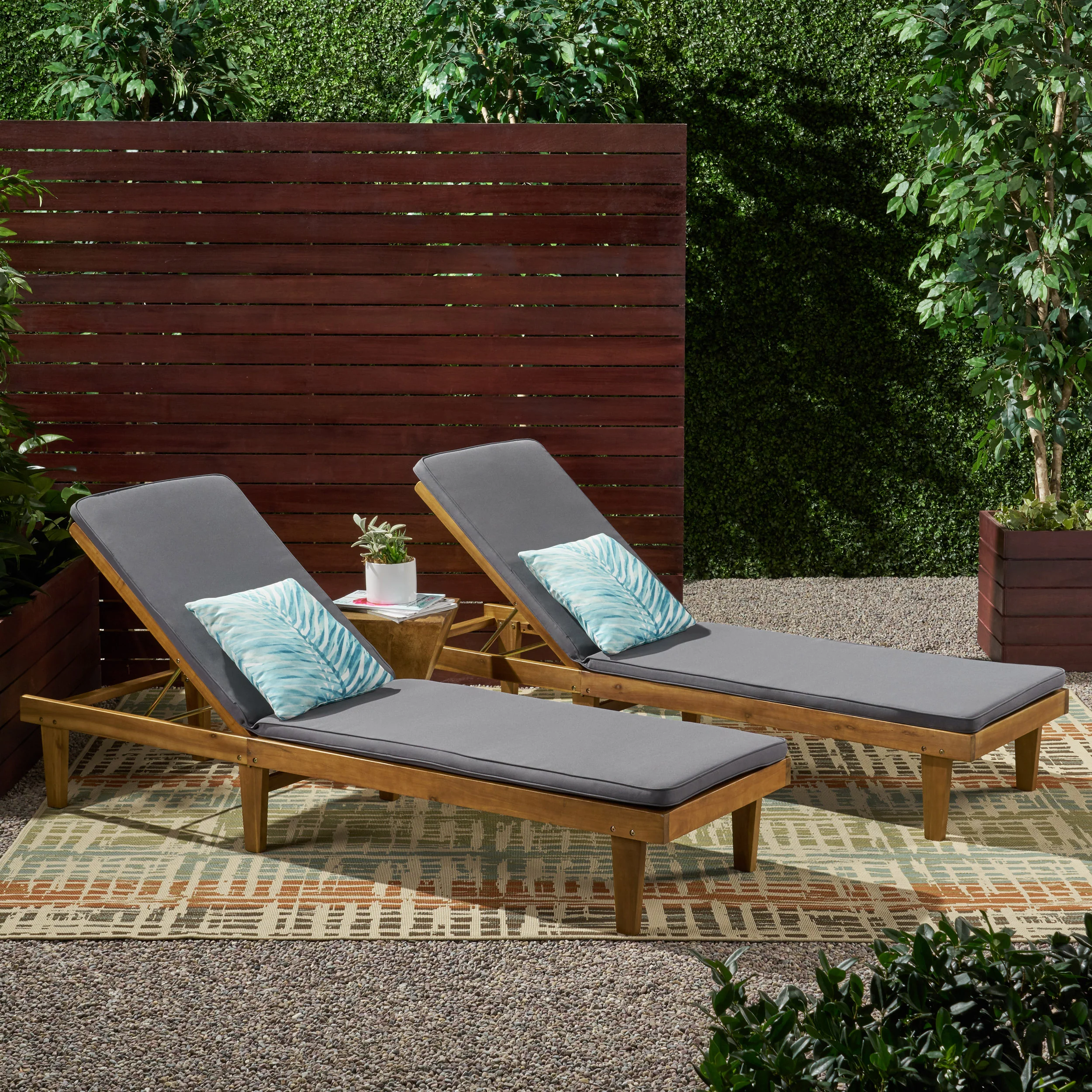 Nadine Outdoor Modern Acacia Wood Chaise Lounge with Cushion (Set of 2) - furnishings