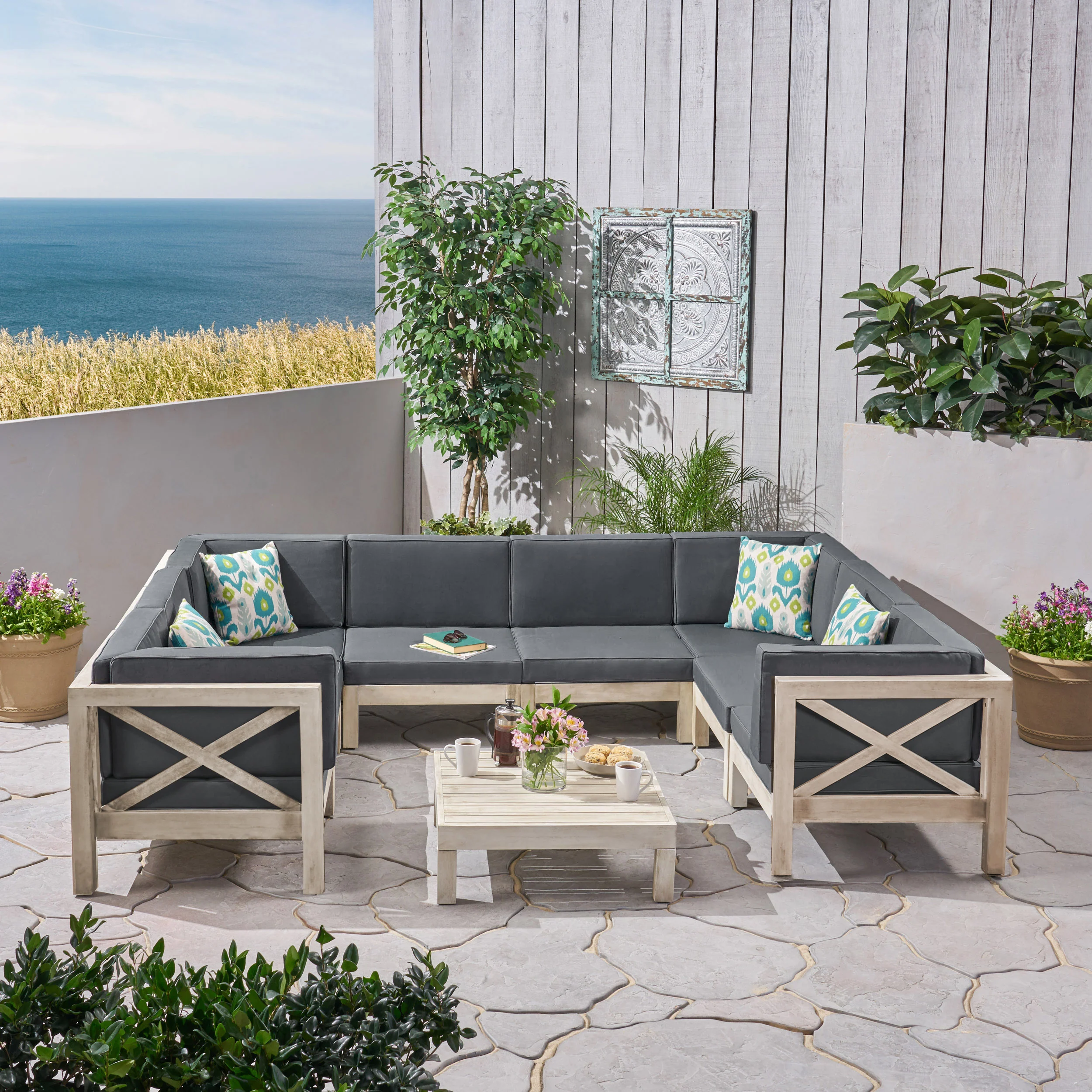 Brava Outdoor 8-Seater Acacia Wood Sectional Sofa Set with Coffee Table - furnishings