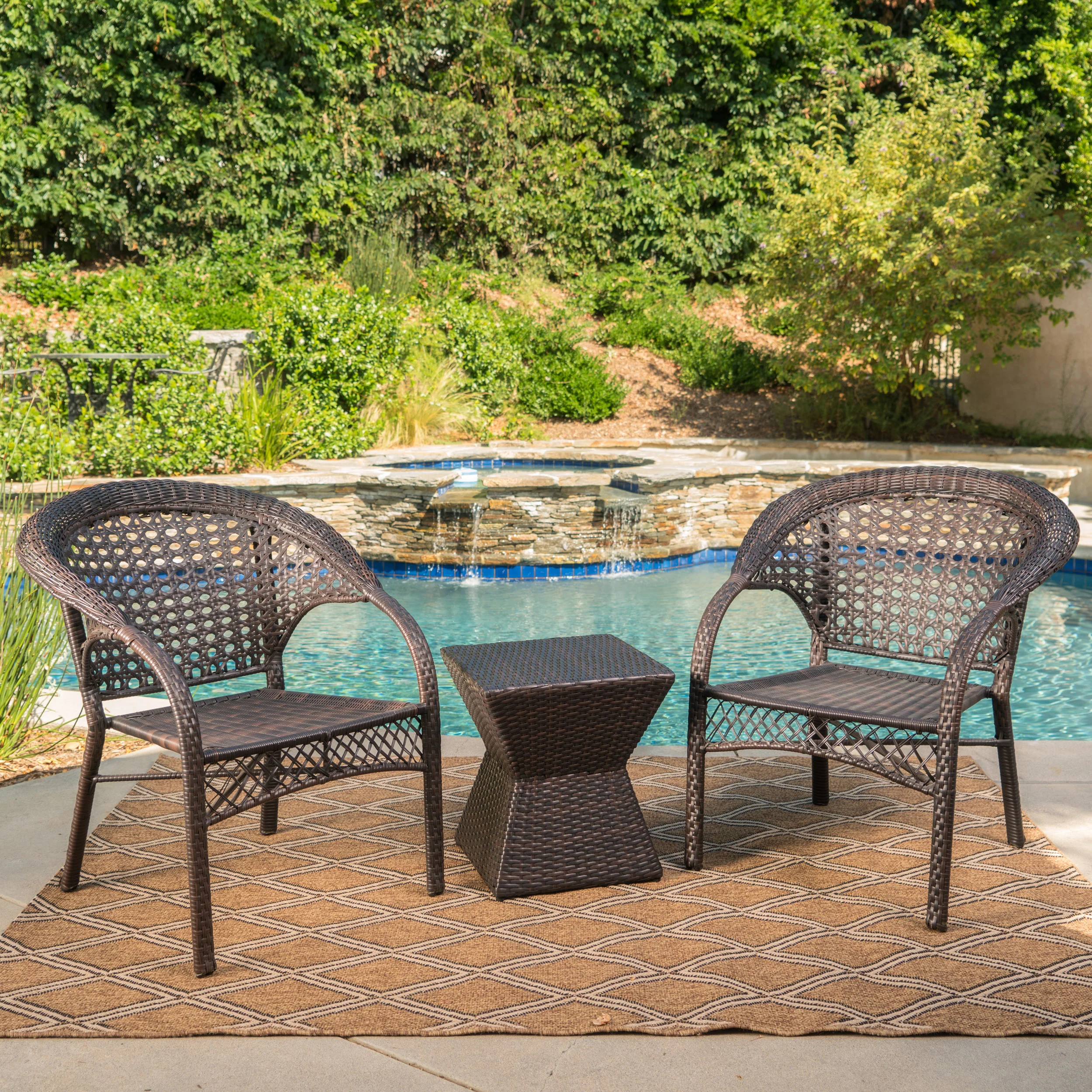 Mason Outdoor 3 Piece Multi-Brown Wicker Chat Set with Stacking Chairs - furnishings