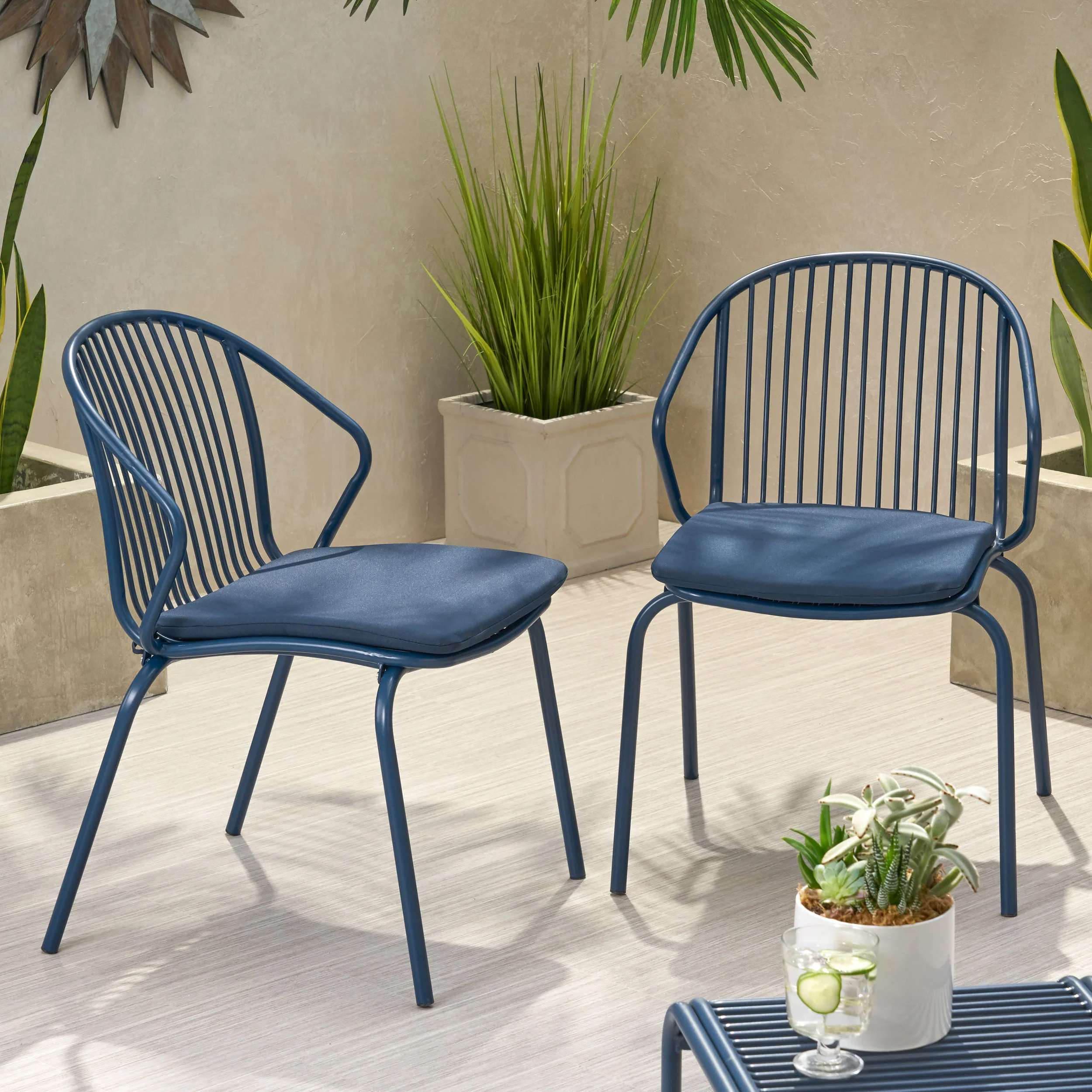 Emily Outdoor Modern Iron Club Chair with Cushion (Set of 2) - furnishings