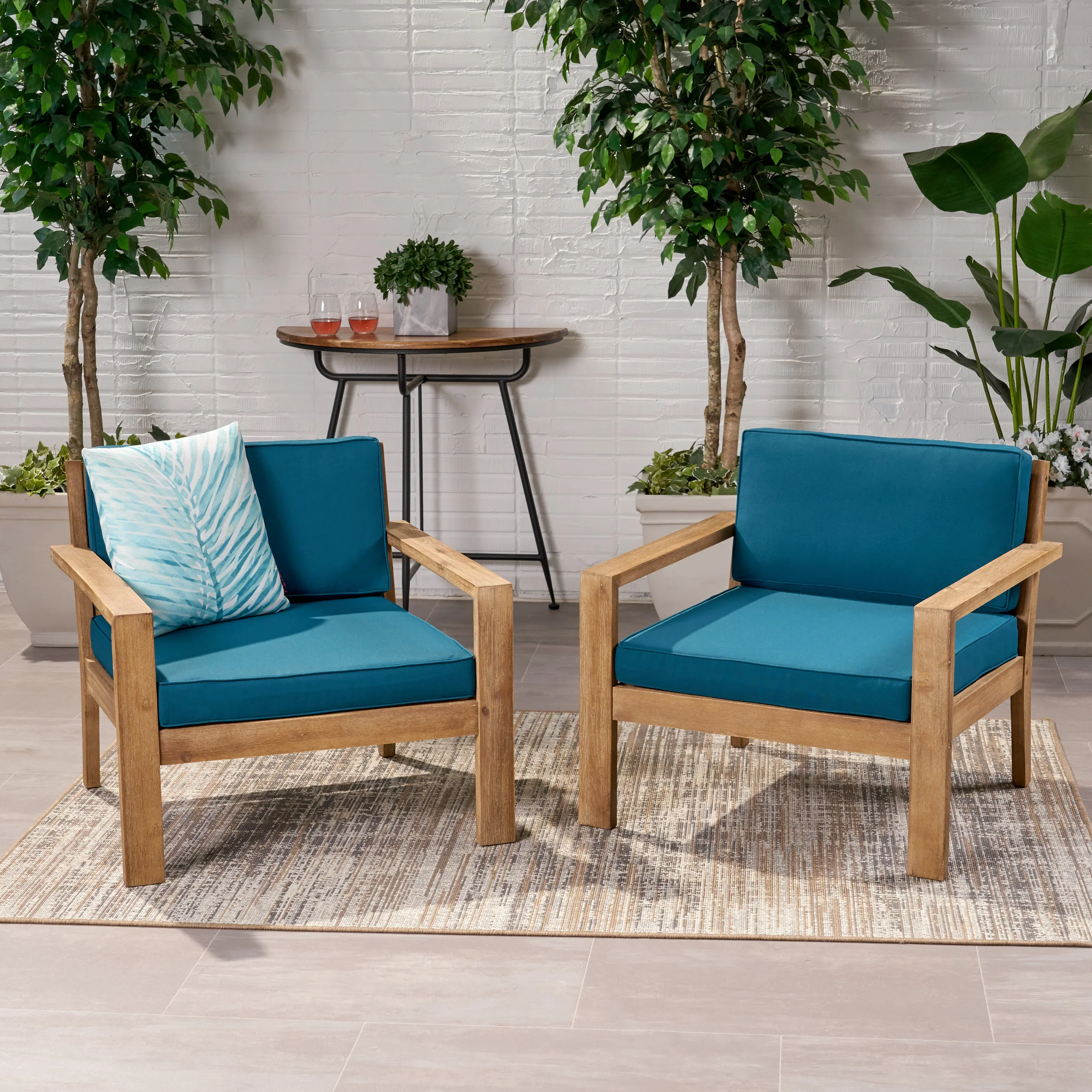 Antoine Ben Outdoor Acacia Wood Club Chairs with Cushions, Set of 2 - furnishings