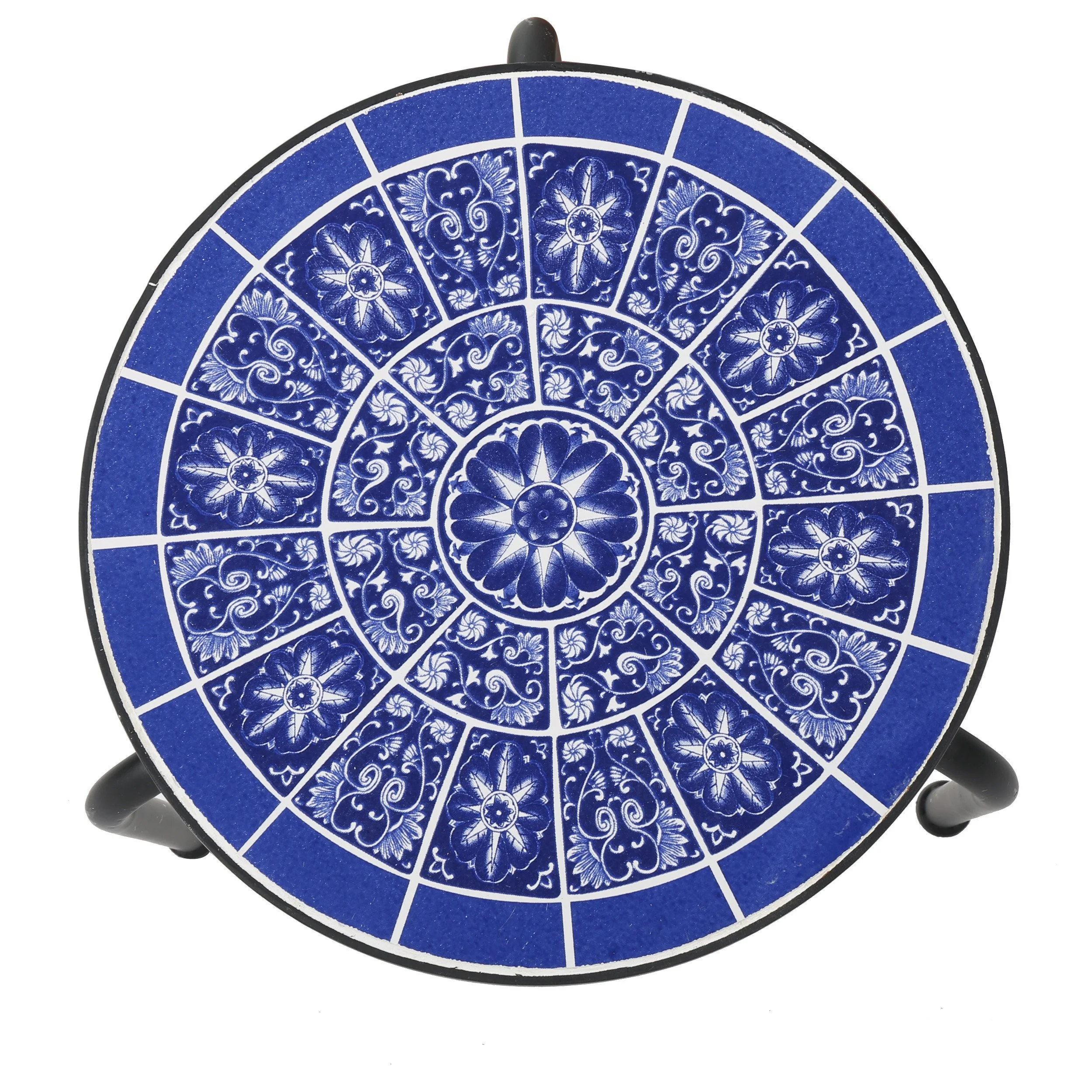 Soleil Outdoor Blue & White Ceramic Tile Iron Frame Side Table - furnishings