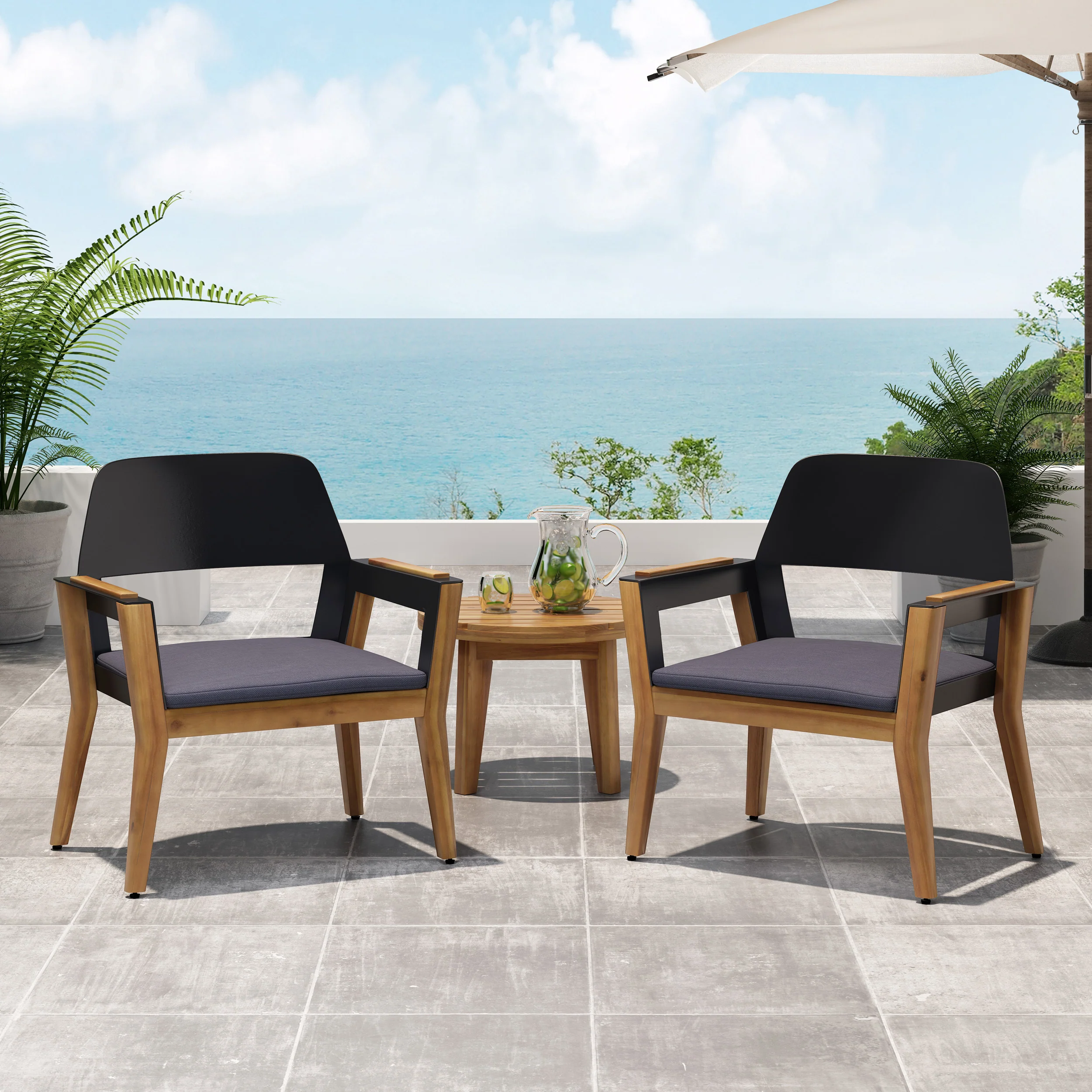 Osean Outdoor Acacia Wood Club Chairs with Cushion (Set of 2) - furnishings
