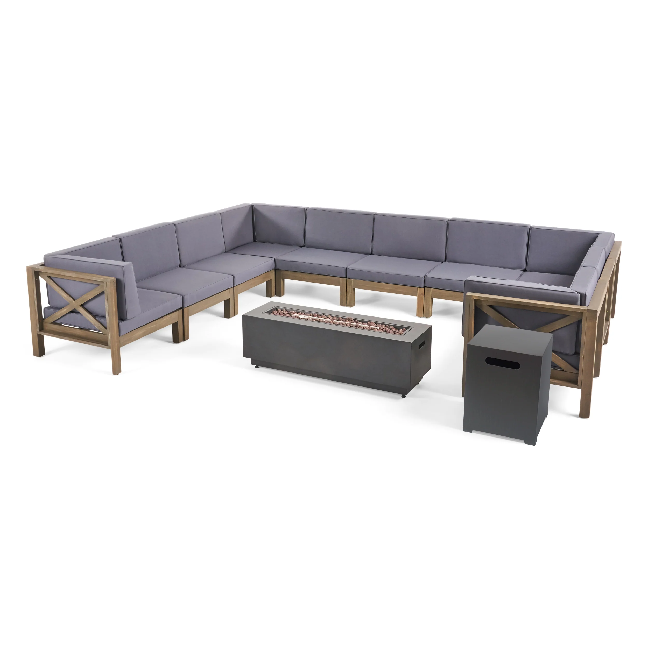 Lorelei Outdoor Acacia Wood 10 Seater U-Shaped Sectional Sofa Set with Fire Pit - furnishings